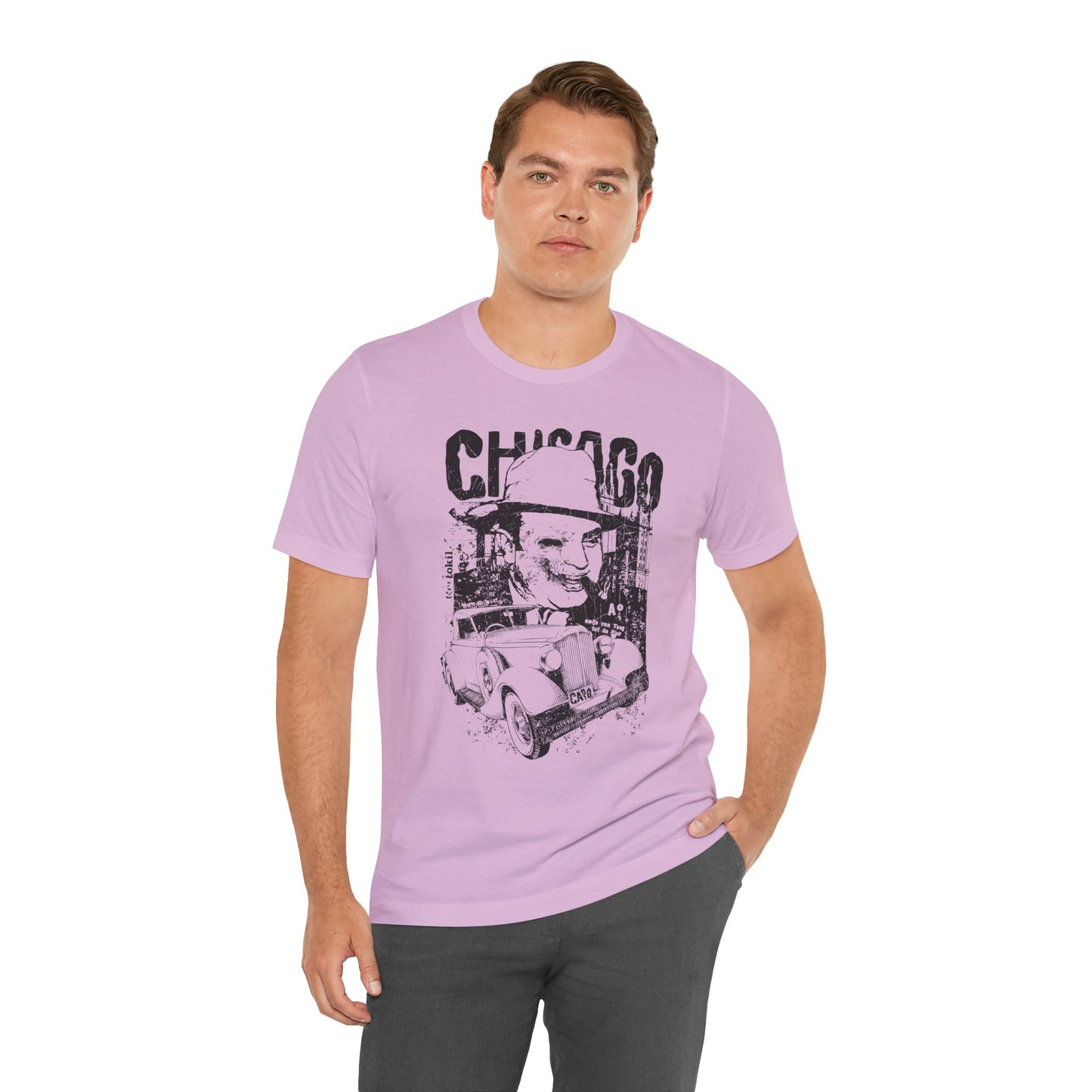 Chicago Retro Mobster Illustration Tee Vintage Car Cityscape Art Design T-Shirt A-8