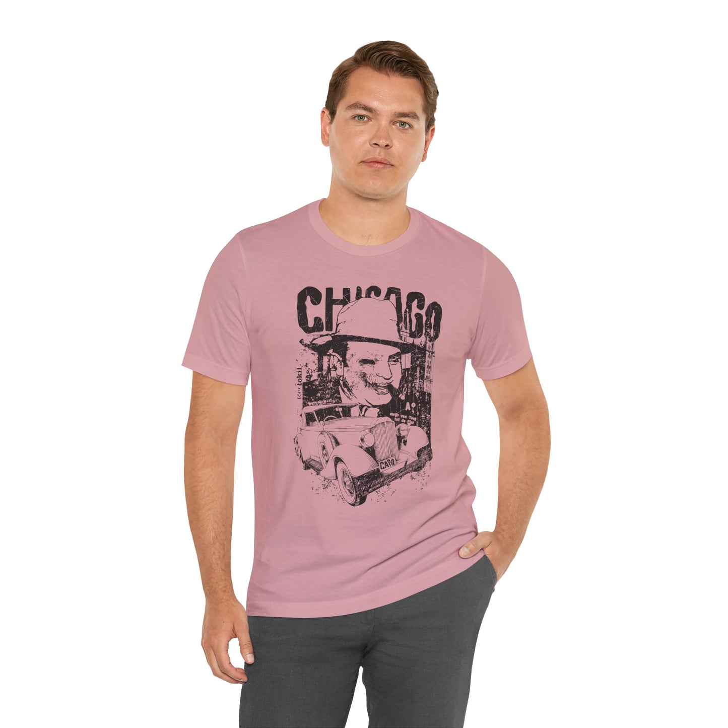 Chicago Retro Mobster Illustration Tee Vintage Car Cityscape Art Design T-Shirt A-8