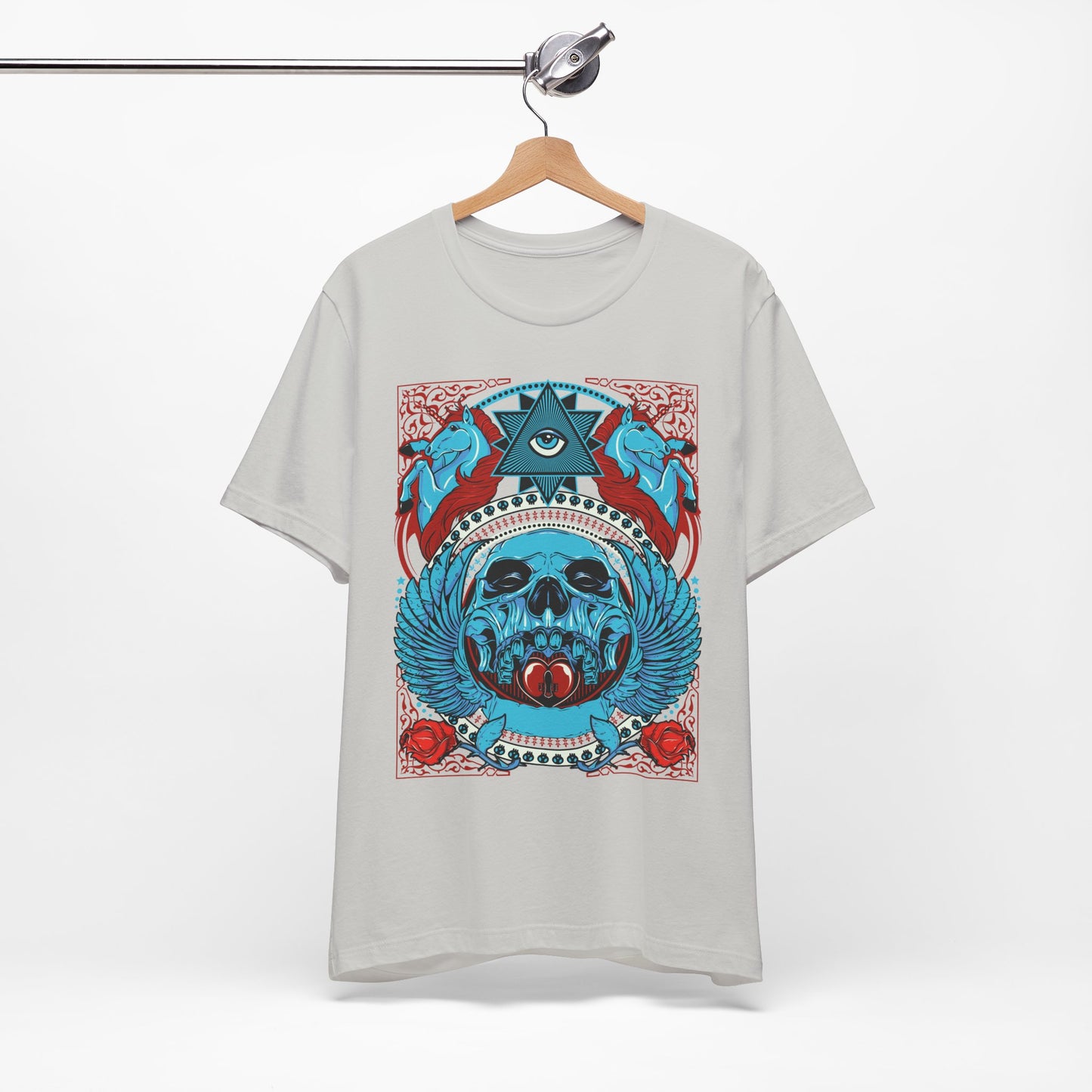 All-Seeing Skull Illustration Tee Winged Skull Third Eye Roses T-Shirt
