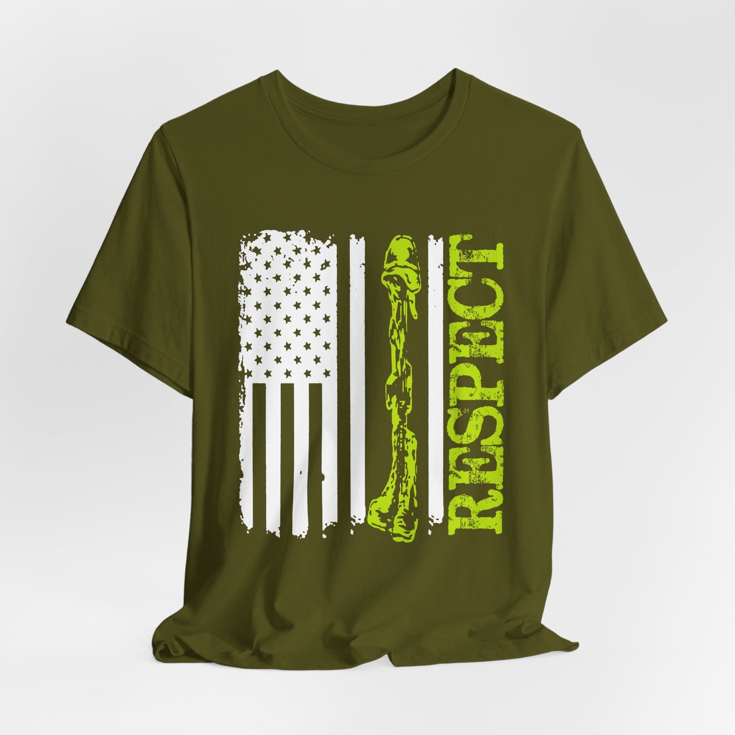 Respect Flag Rifle T-Shirt American Flag, Rifle Silhouette Military Tribute Unisex Cotton v57