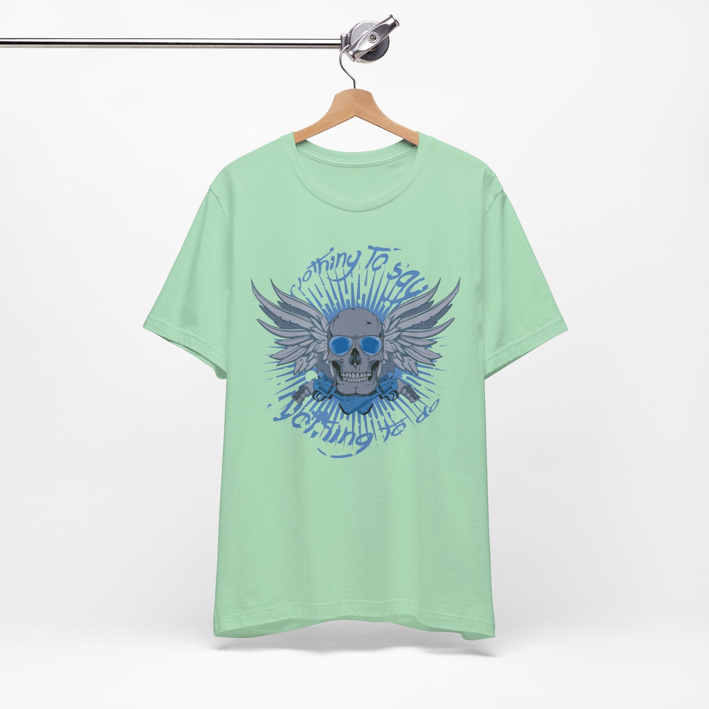 Winged Skull Graphic Tee | Blue Skull with Wings, Radiant Burst