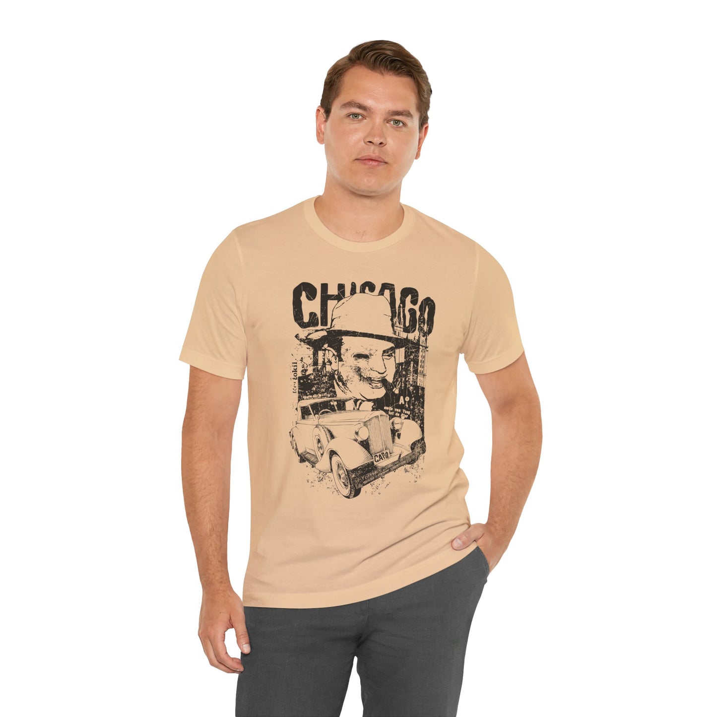 Chicago Retro Mobster Illustration Tee Vintage Car Cityscape Art Design T-Shirt A-8