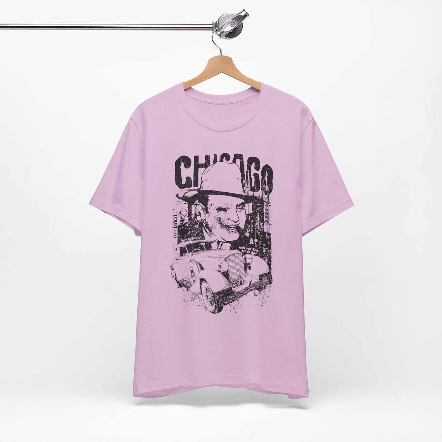 Chicago Retro Mobster Illustration Tee Vintage Car Cityscape Art Design T-Shirt A-8