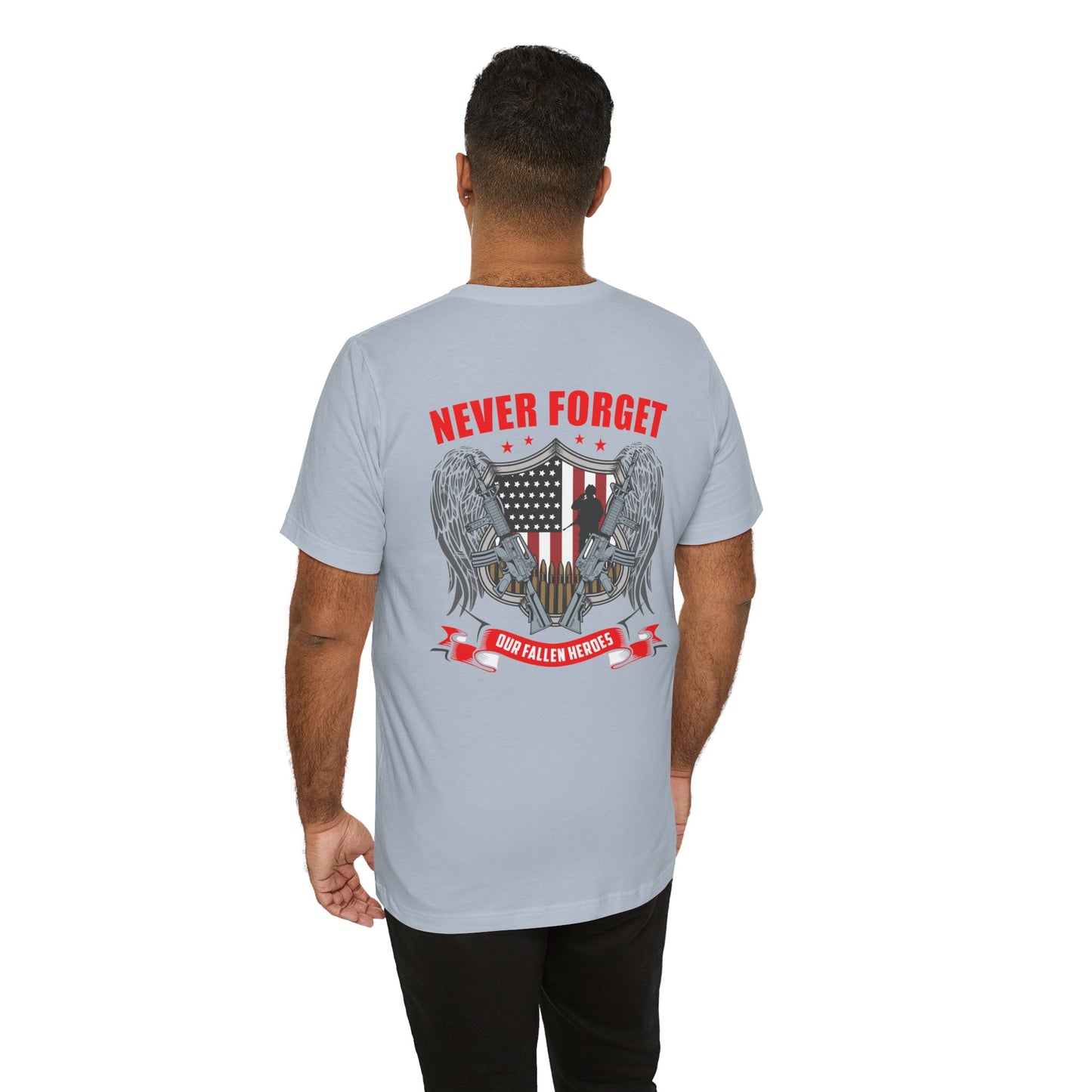 Never Forget Our Fallen Heroes T-Shirt American Flag Shield Eagles Unisex Cotton v39