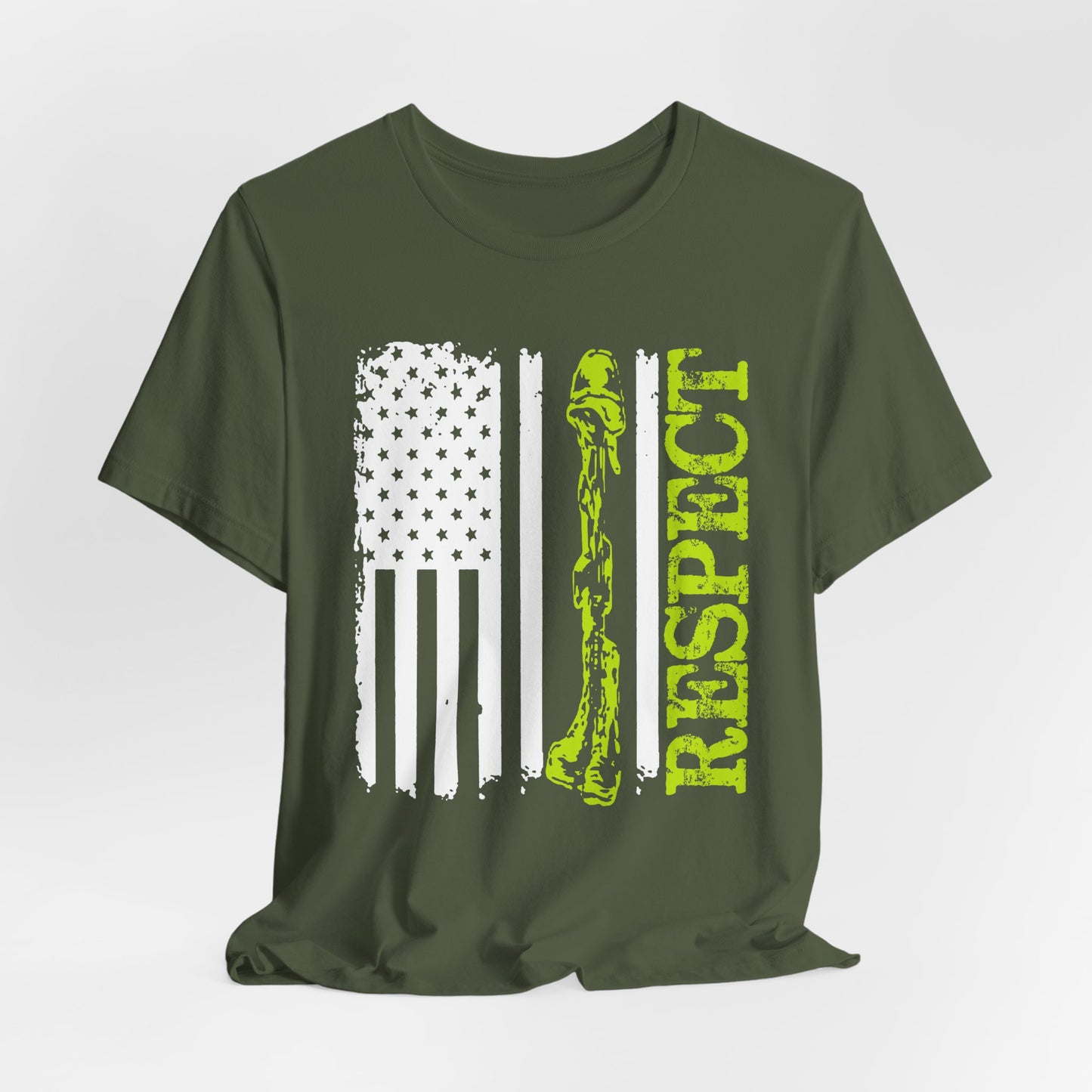 Respect Flag Rifle T-Shirt American Flag, Rifle Silhouette Military Tribute Unisex Cotton v57