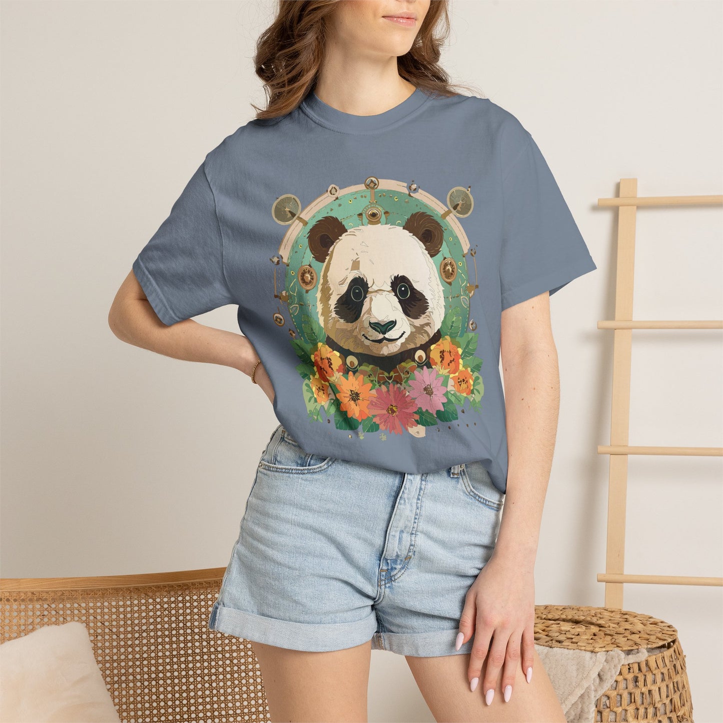 Panda Portrait T-Shirt Unisex Cotton Floral Chinese Graphic Circle Animal Art Tee p3