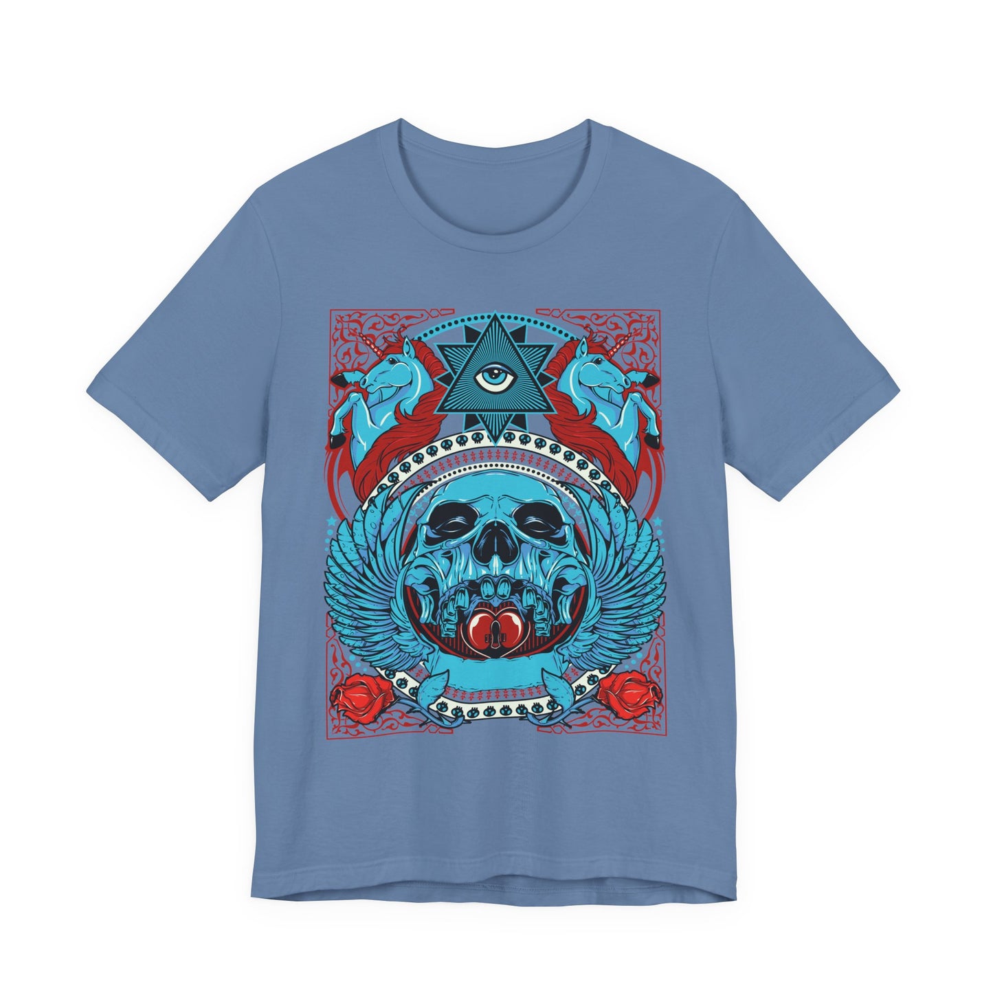 All-Seeing Skull Illustration Tee Winged Skull Third Eye Roses T-Shirt