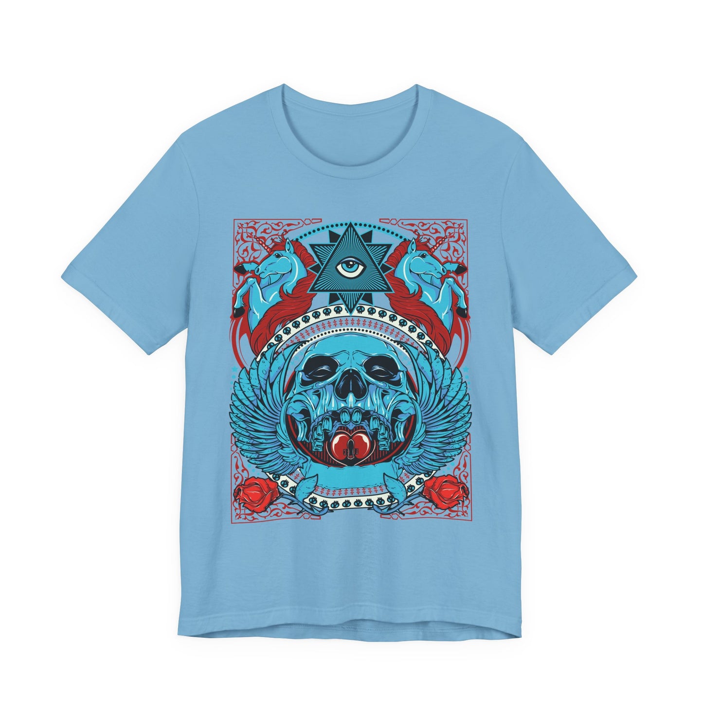 All-Seeing Skull Illustration Tee Winged Skull Third Eye Roses T-Shirt