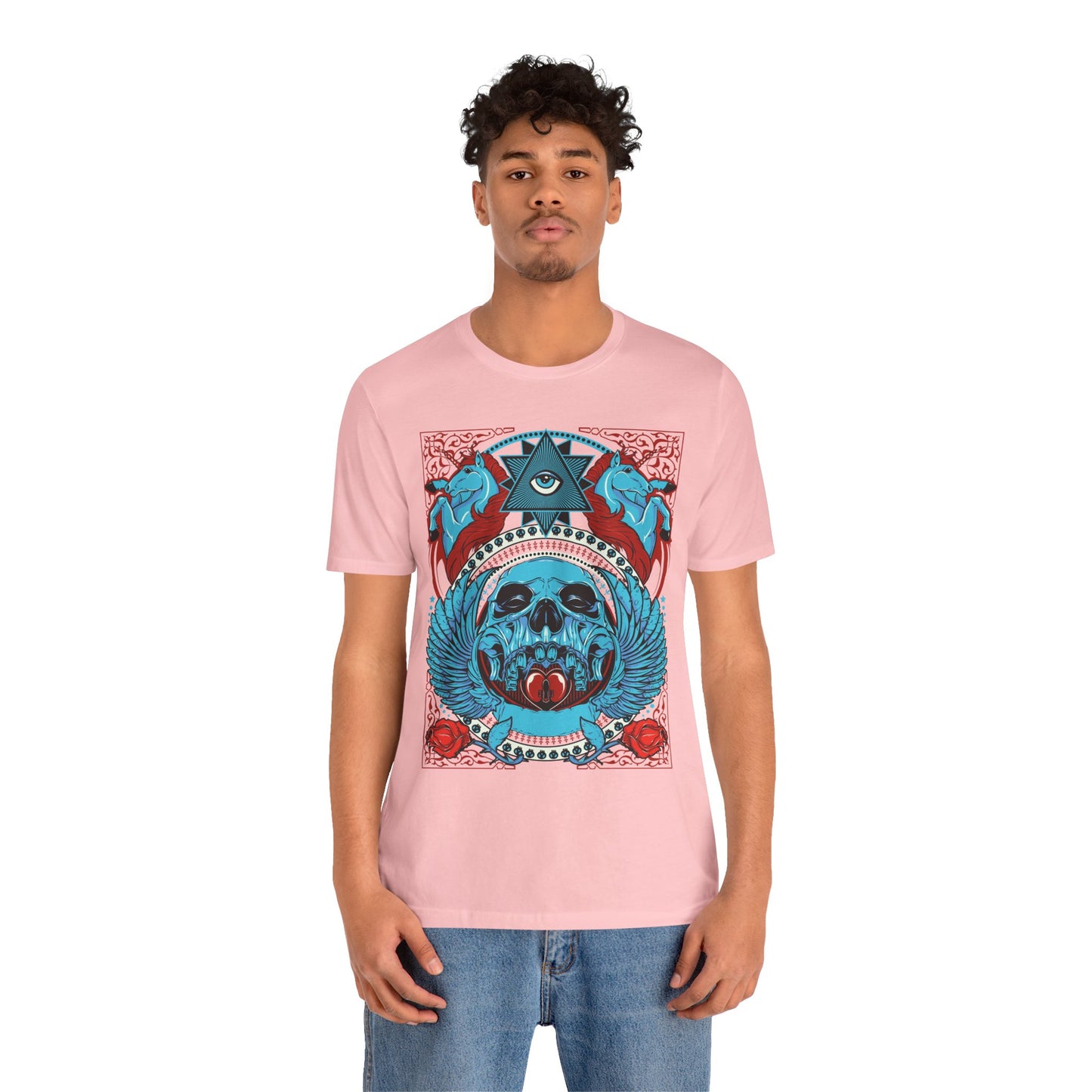 All-Seeing Skull Illustration Tee Winged Skull Third Eye Roses T-Shirt