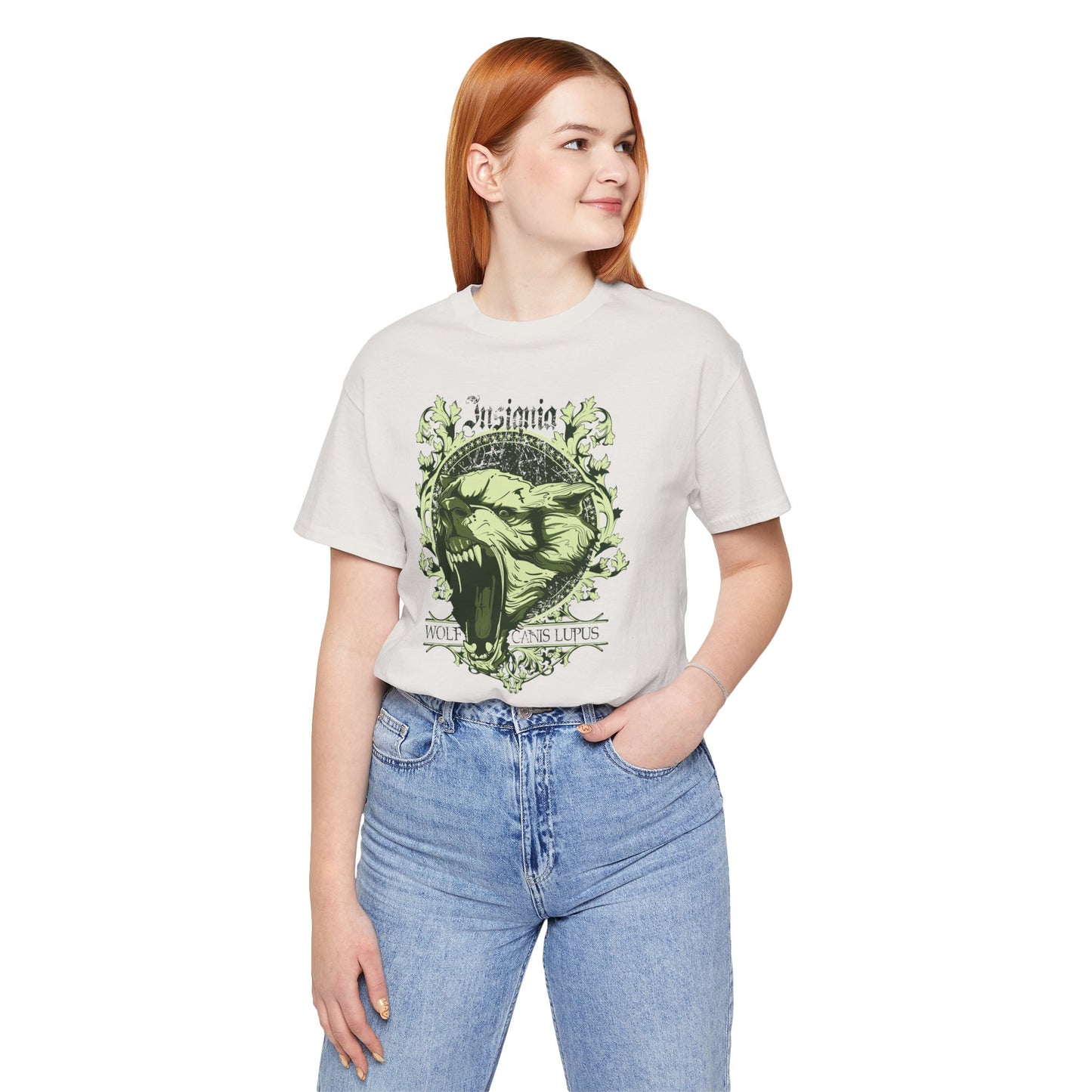 Howling Wolf Skull Tee Gothic Vintage Crest, Green Graphic Shirt Art-54