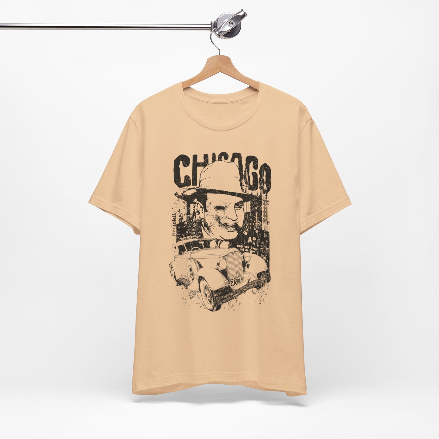 Chicago Retro Mobster Illustration Tee Vintage Car Cityscape Art Design T-Shirt A-8
