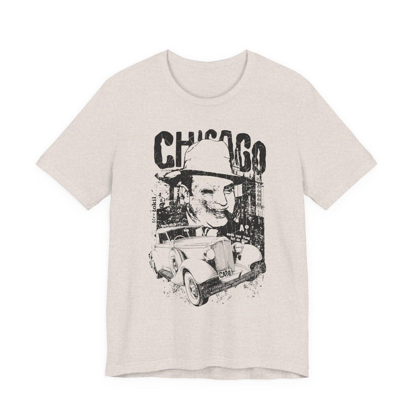 Chicago Retro Mobster Illustration Tee Vintage Car Cityscape Art Design T-Shirt A-8