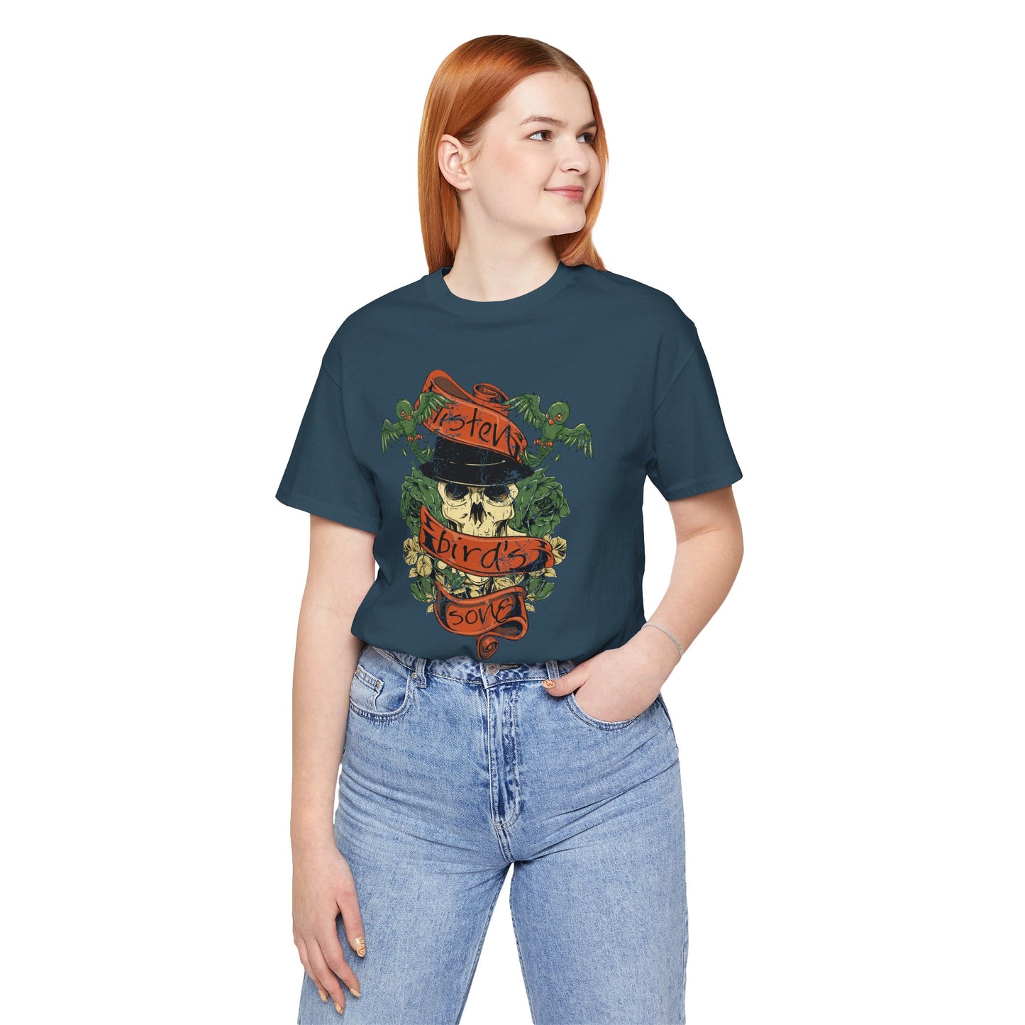 Skull Floral Tattoo Style Graphic Design Unisex Cotton T-Shirt Art-38