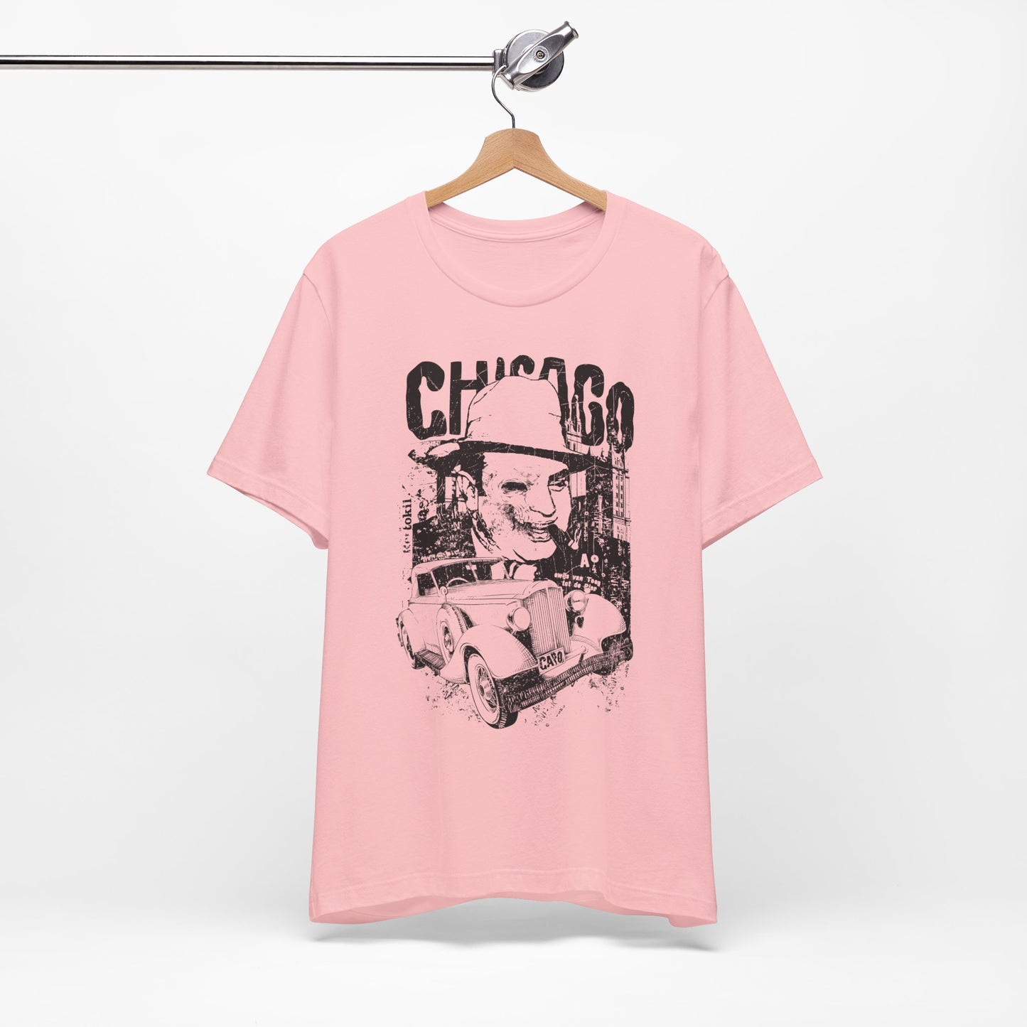 Chicago Retro Mobster Illustration Tee Vintage Car Cityscape Art Design T-Shirt A-8