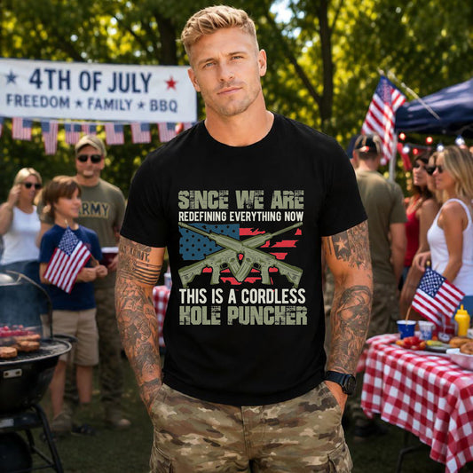 Cordless Kole Puncher graphic Tee Rifle Flag Design, Patriotic Military Theme Unisex Cotton v14
