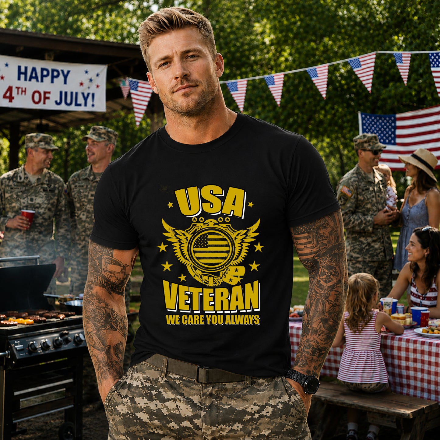 USA Veteran T-Shirt Military Emblem Winged Badge Stars Unisex Cotton v59