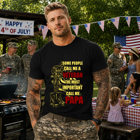 Veteran Papa Graphic Tee | Military Tribute Boots & Helmet Design Unisex Cotton v58
