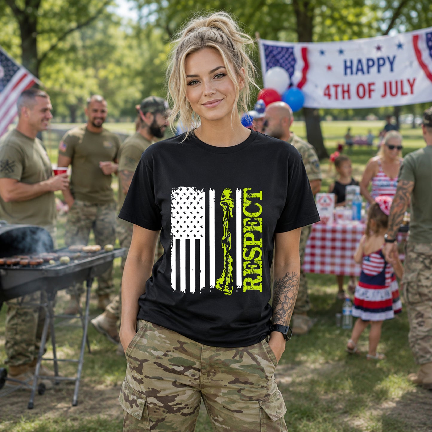 Respect Flag Rifle T-Shirt American Flag, Rifle Silhouette Military Tribute Unisex Cotton v57