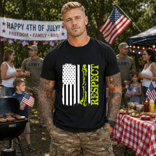 Respect Flag Rifle T-Shirt American Flag, Rifle Silhouette Military Tribute Unisex Cotton v57