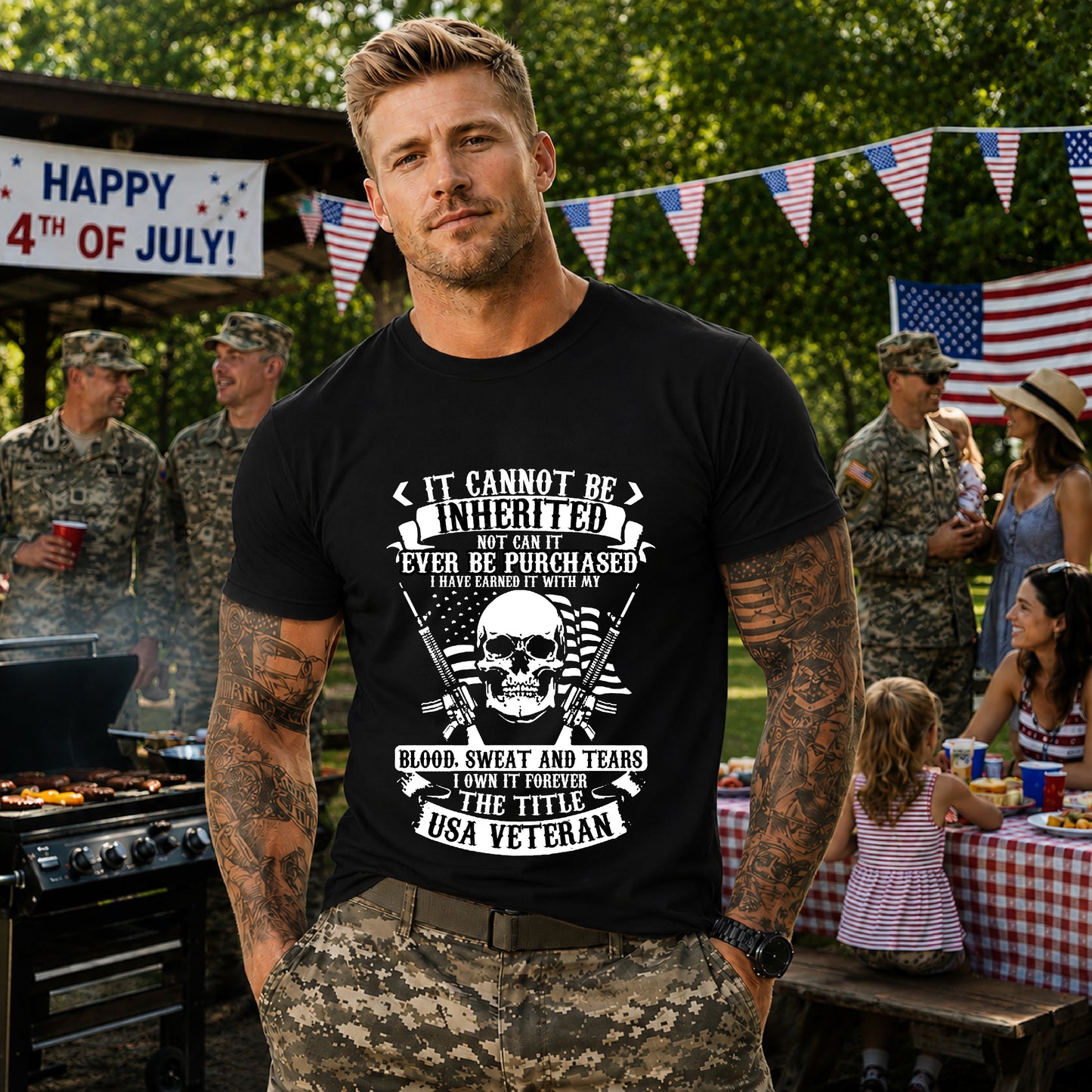 USA Veteran skull flag crossed rifles T-Shirt Military pride Unisex Cotton tee v54