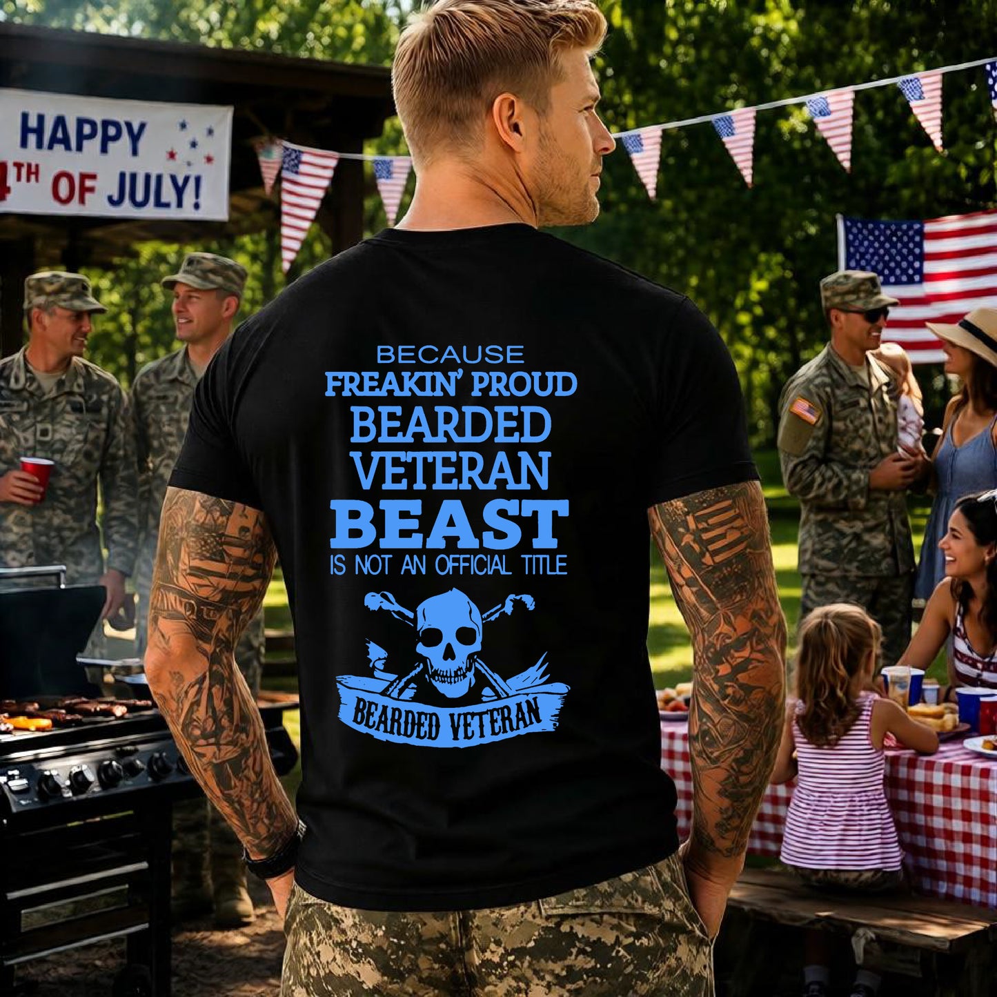 Bearded Veteran Beast T-Shirt Military Skull Beard Graphic Unisex Cotton Tee v46