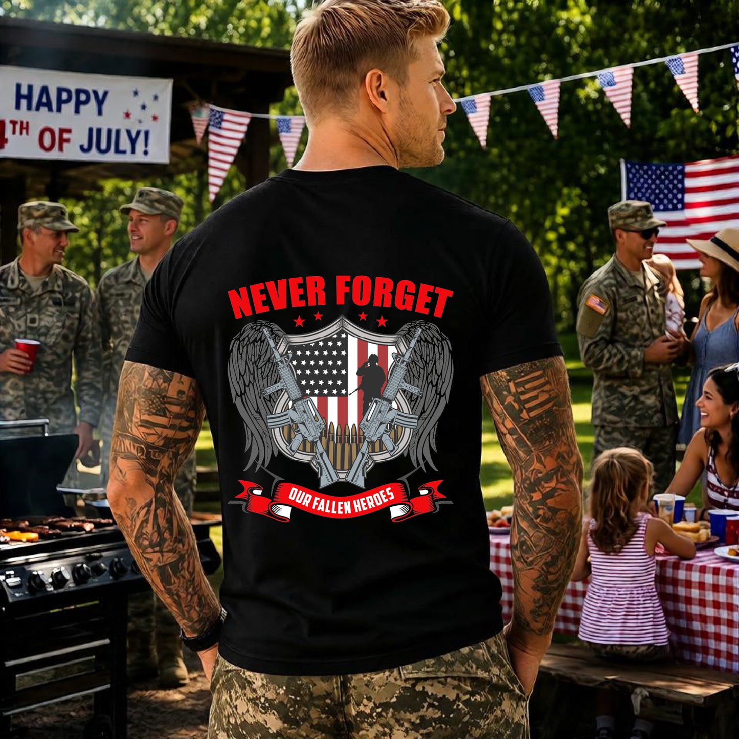 Never Forget Our Fallen Heroes T-Shirt American Flag Shield Eagles Unisex Cotton v39