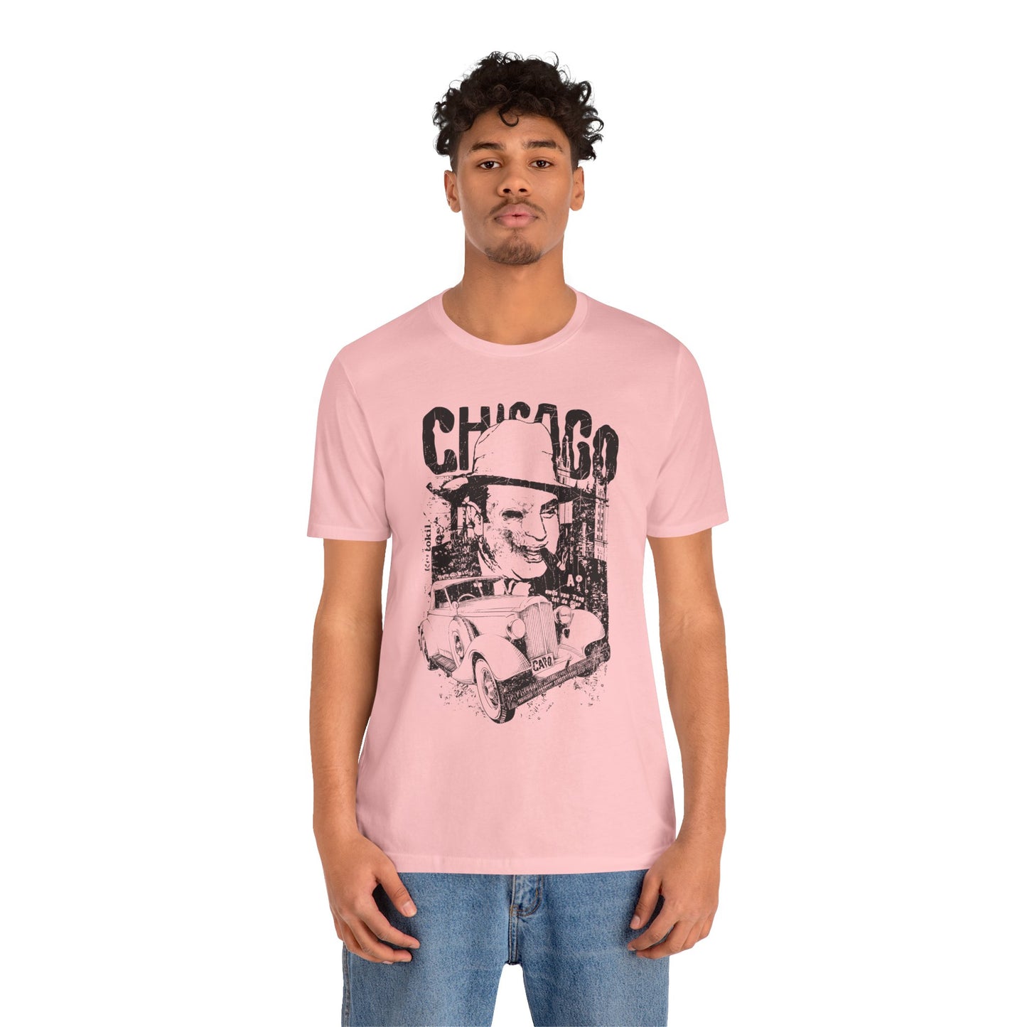 Chicago Retro Mobster Illustration Tee Vintage Car Cityscape Art Design T-Shirt A-8