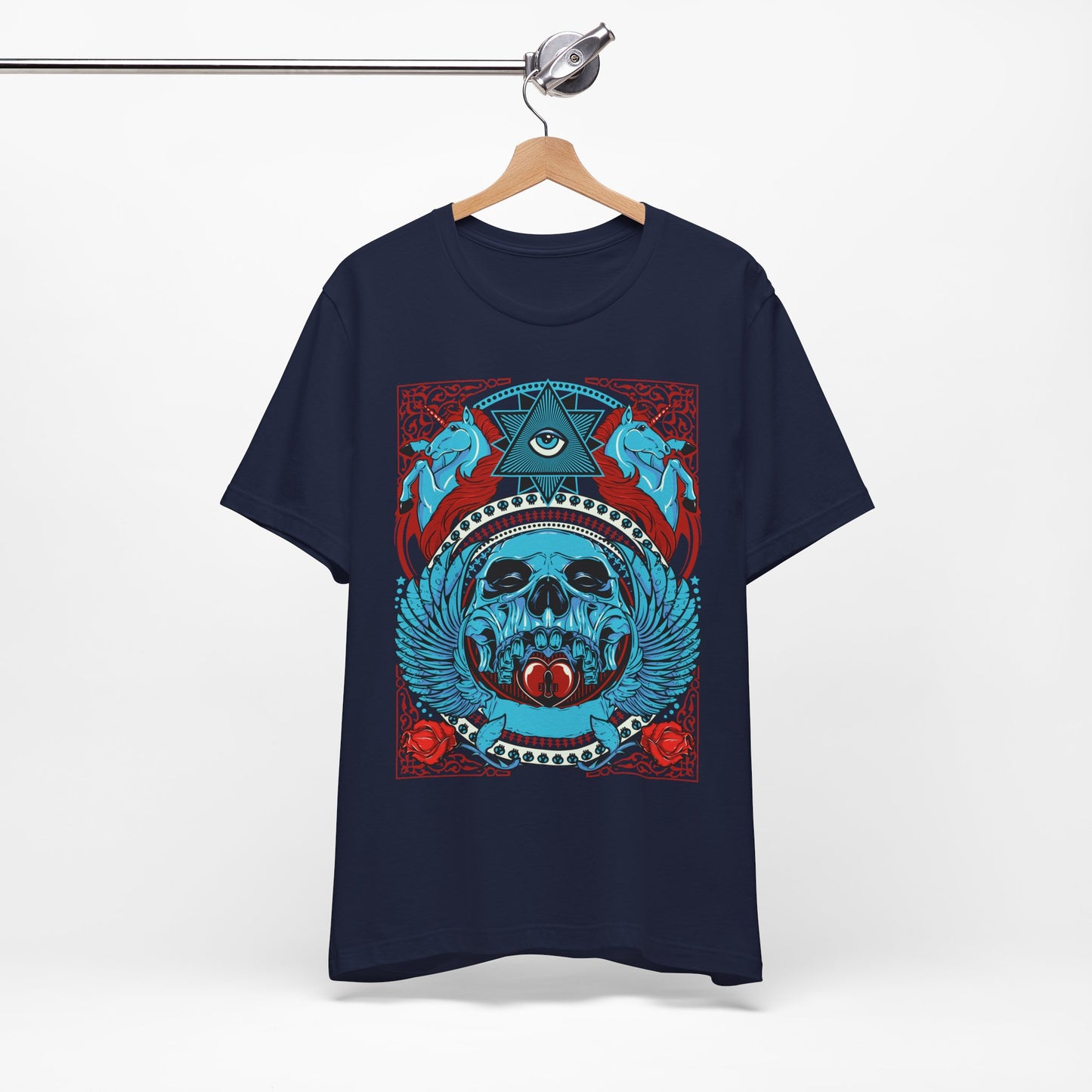 All-Seeing Skull Illustration Tee Winged Skull Third Eye Roses T-Shirt