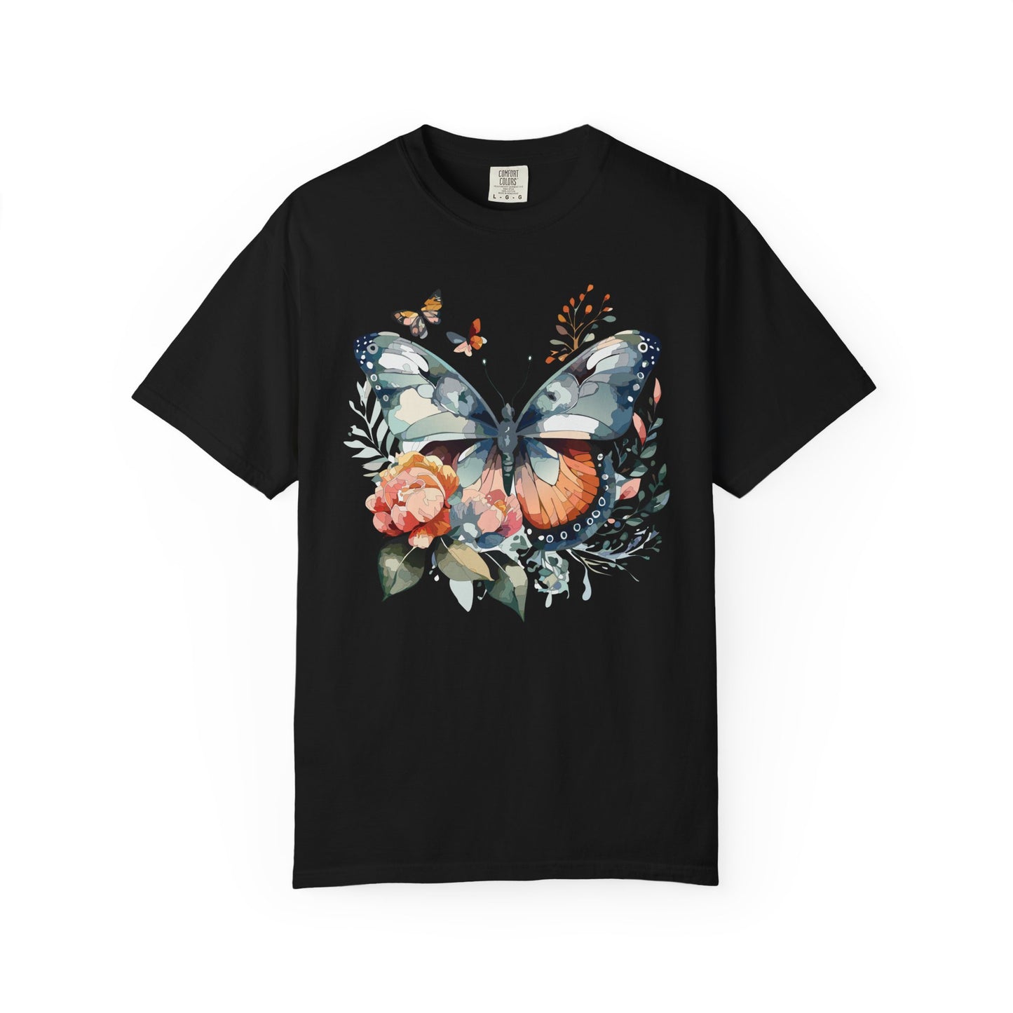Butterfly Floral Print T-Shirt Botanical Design Unisex Heavy Cotton Tee b1