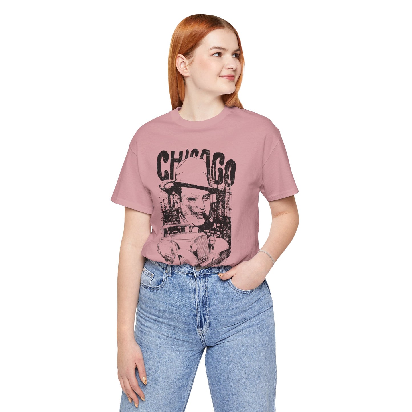 Chicago Retro Mobster Illustration Tee Vintage Car Cityscape Art Design T-Shirt A-8
