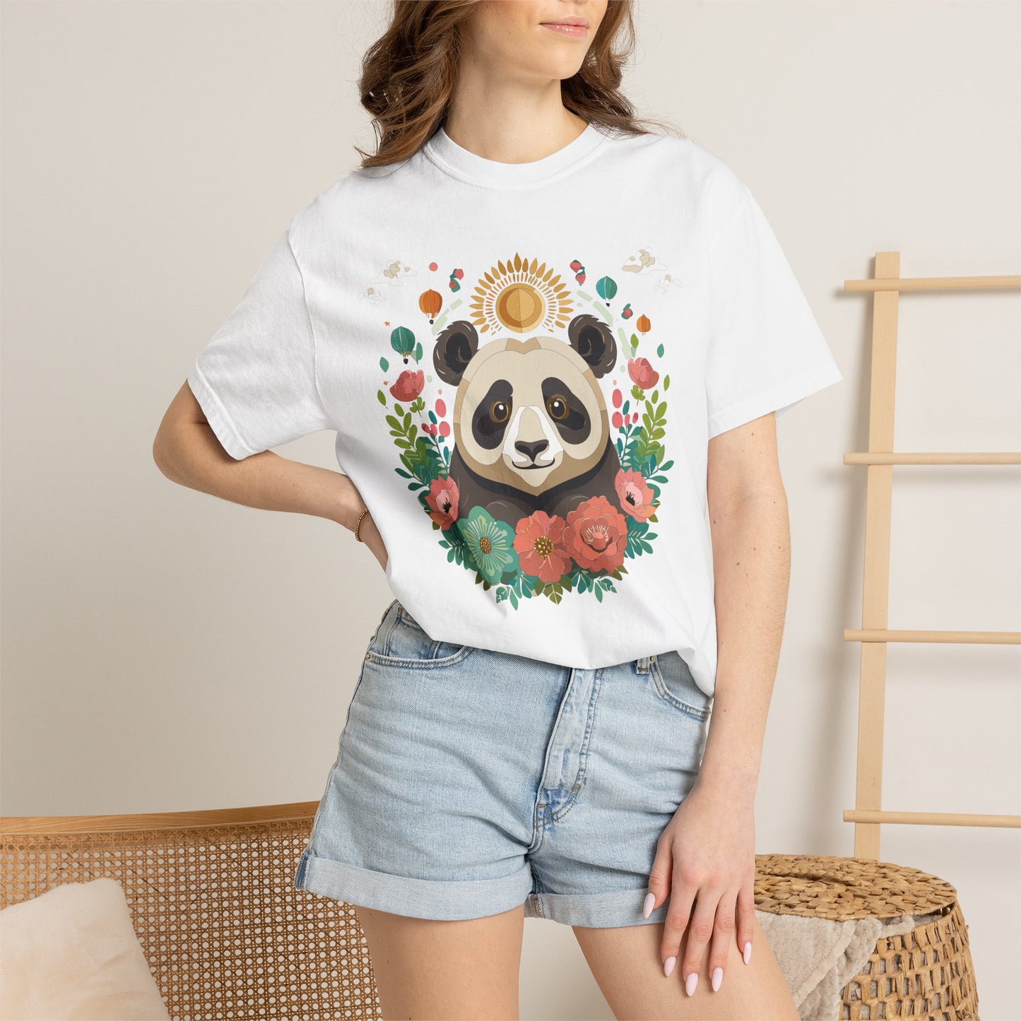 Panda Portrait T-Shirt Unisex Cotton Floral Chinese Graphic Circle Animal Art Tee p4