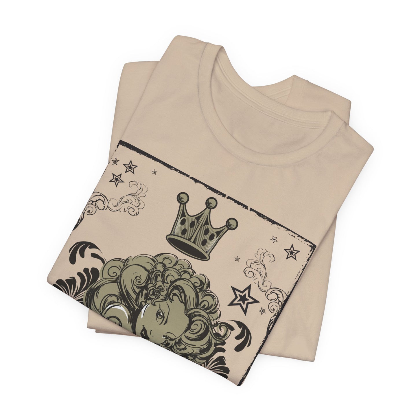 Crown Face Portrait Graphic Tee Vintage Floral Illustration Rock Band T-Shirt