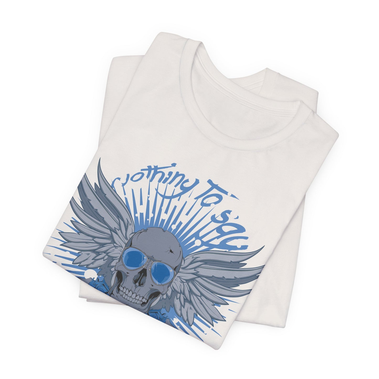 Winged Skull Graphic Tee | Blue Skull with Wings, Radiant Burst