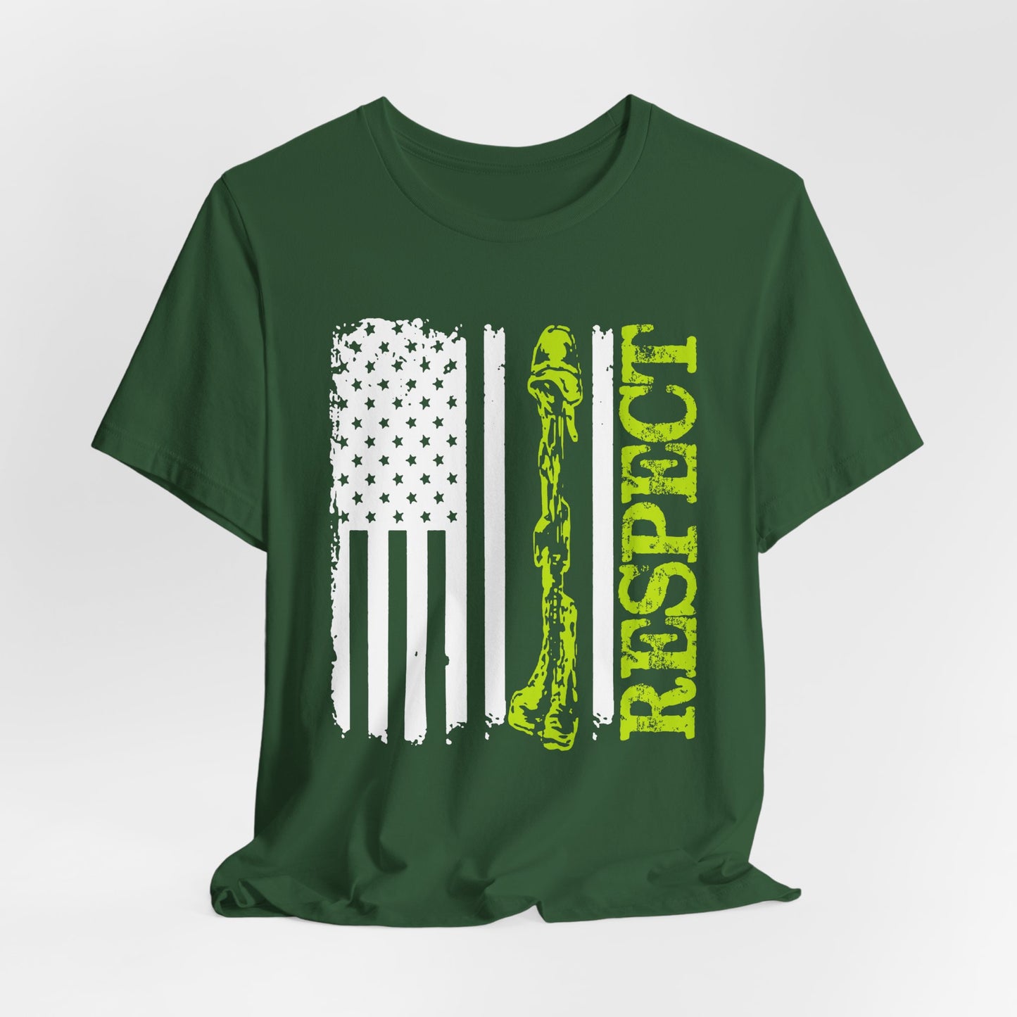 Respect Flag Rifle T-Shirt American Flag, Rifle Silhouette Military Tribute Unisex Cotton v57
