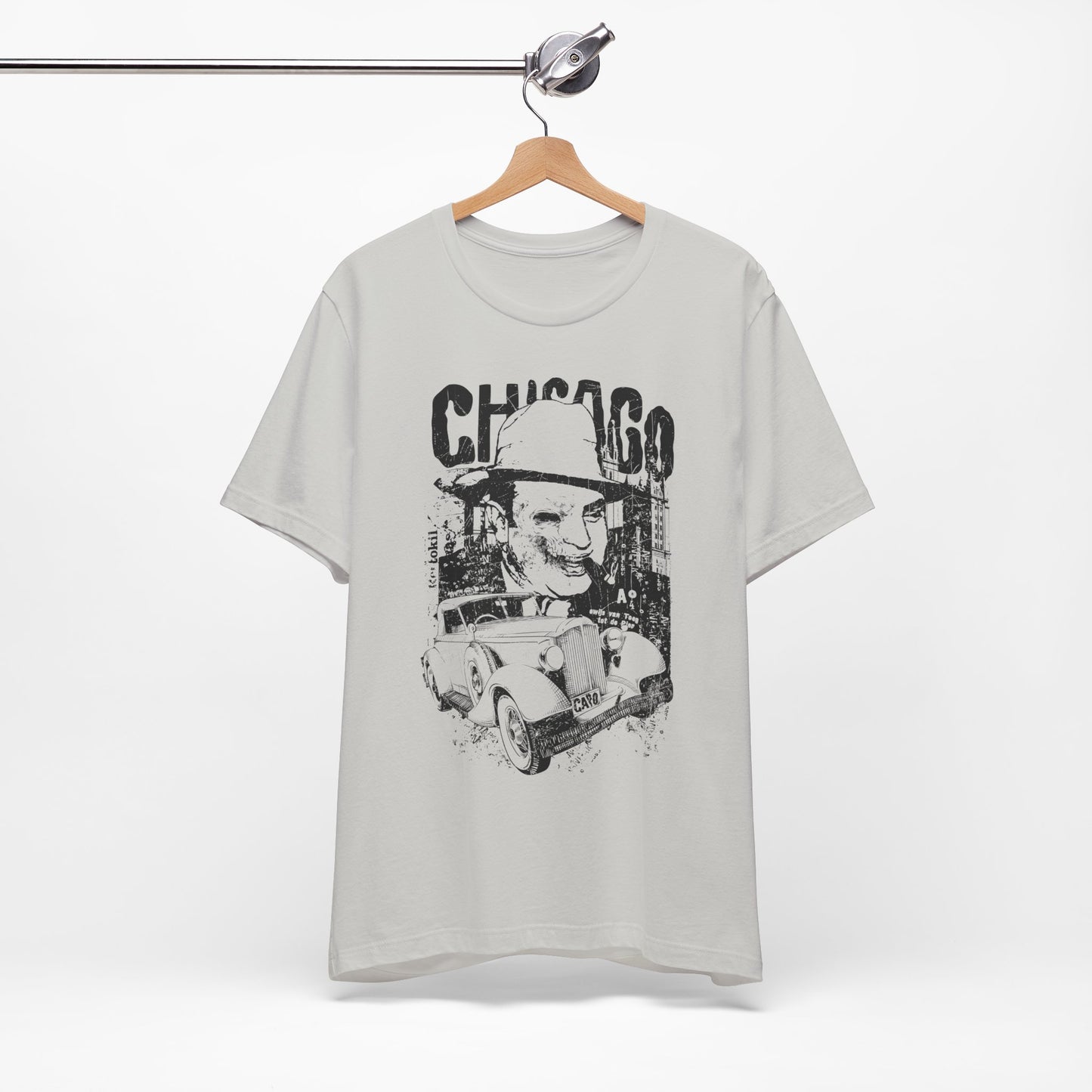 Chicago Retro Mobster Illustration Tee Vintage Car Cityscape Art Design T-Shirt A-8