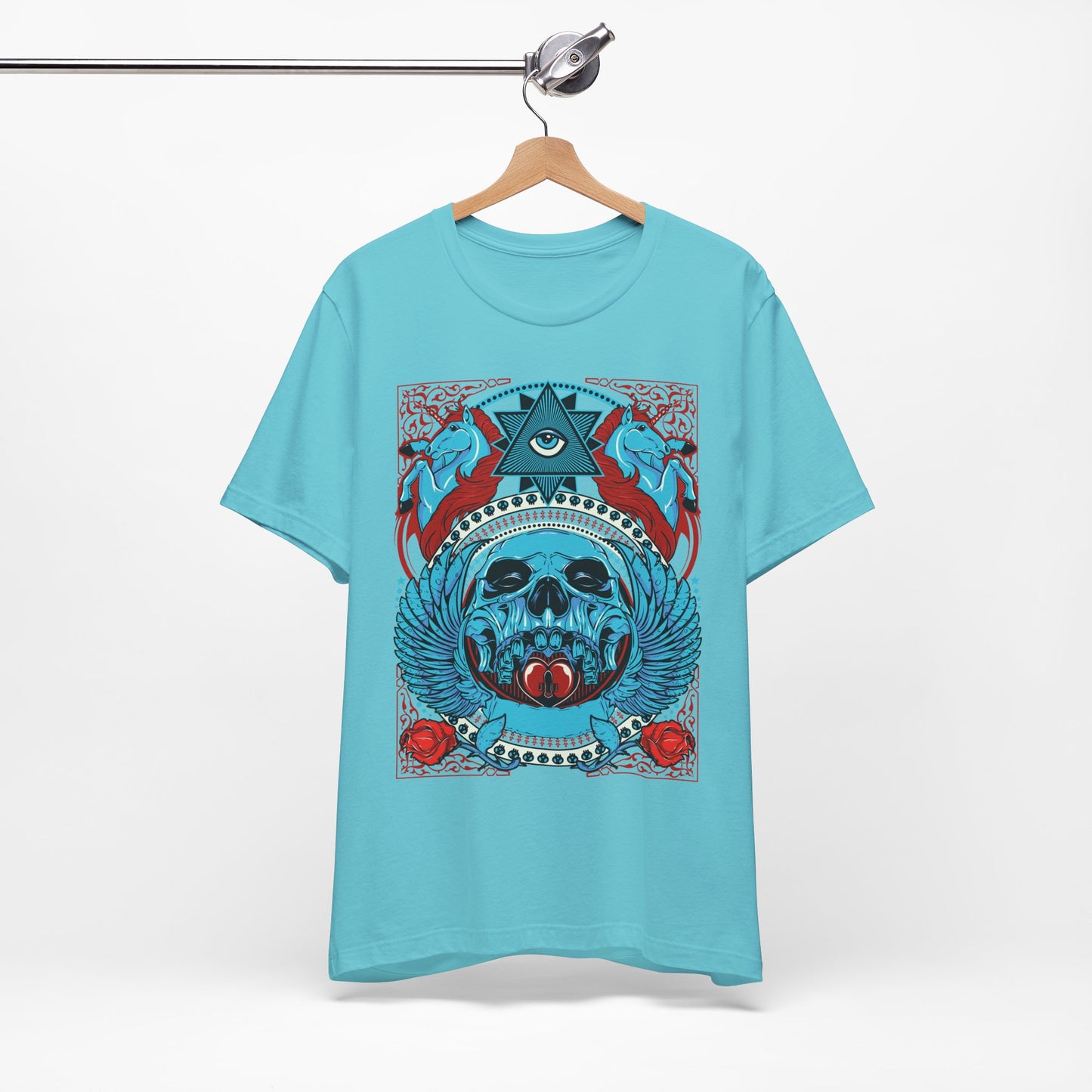 All-Seeing Skull Illustration Tee Winged Skull Third Eye Roses T-Shirt