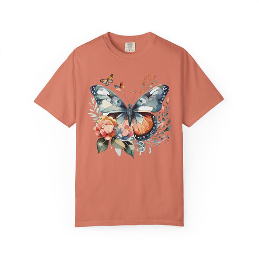 Butterfly Floral Print T-Shirt Botanical Design Unisex Heavy Cotton Tee b1