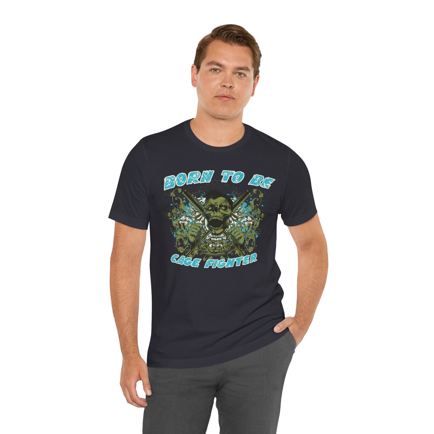Born To Be Cage Fighter Tee Skull Crossed Knives Graphic T-Shirt