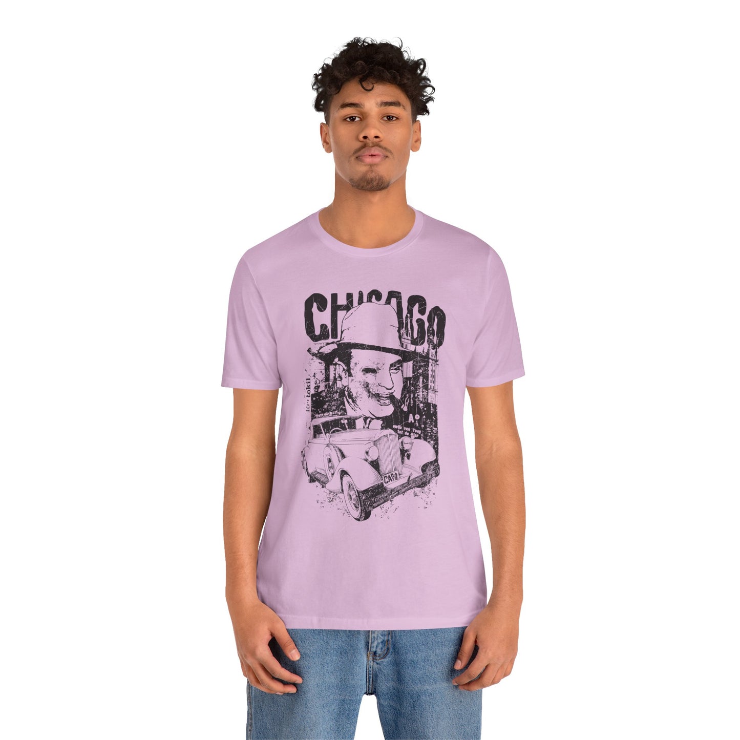 Chicago Retro Mobster Illustration Tee Vintage Car Cityscape Art Design T-Shirt A-8
