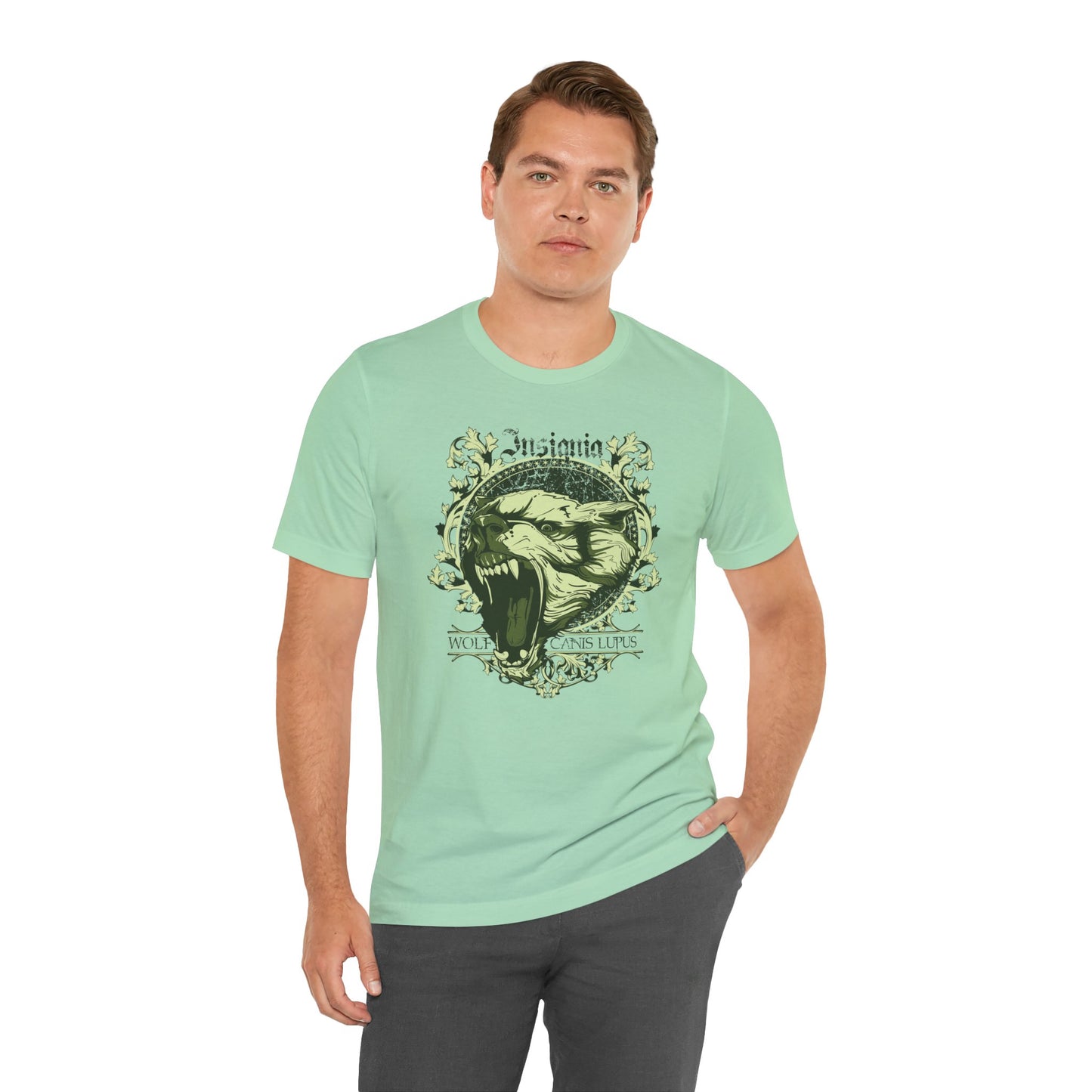 Howling Wolf Skull Tee Gothic Vintage Crest, Green Graphic Shirt Art-54