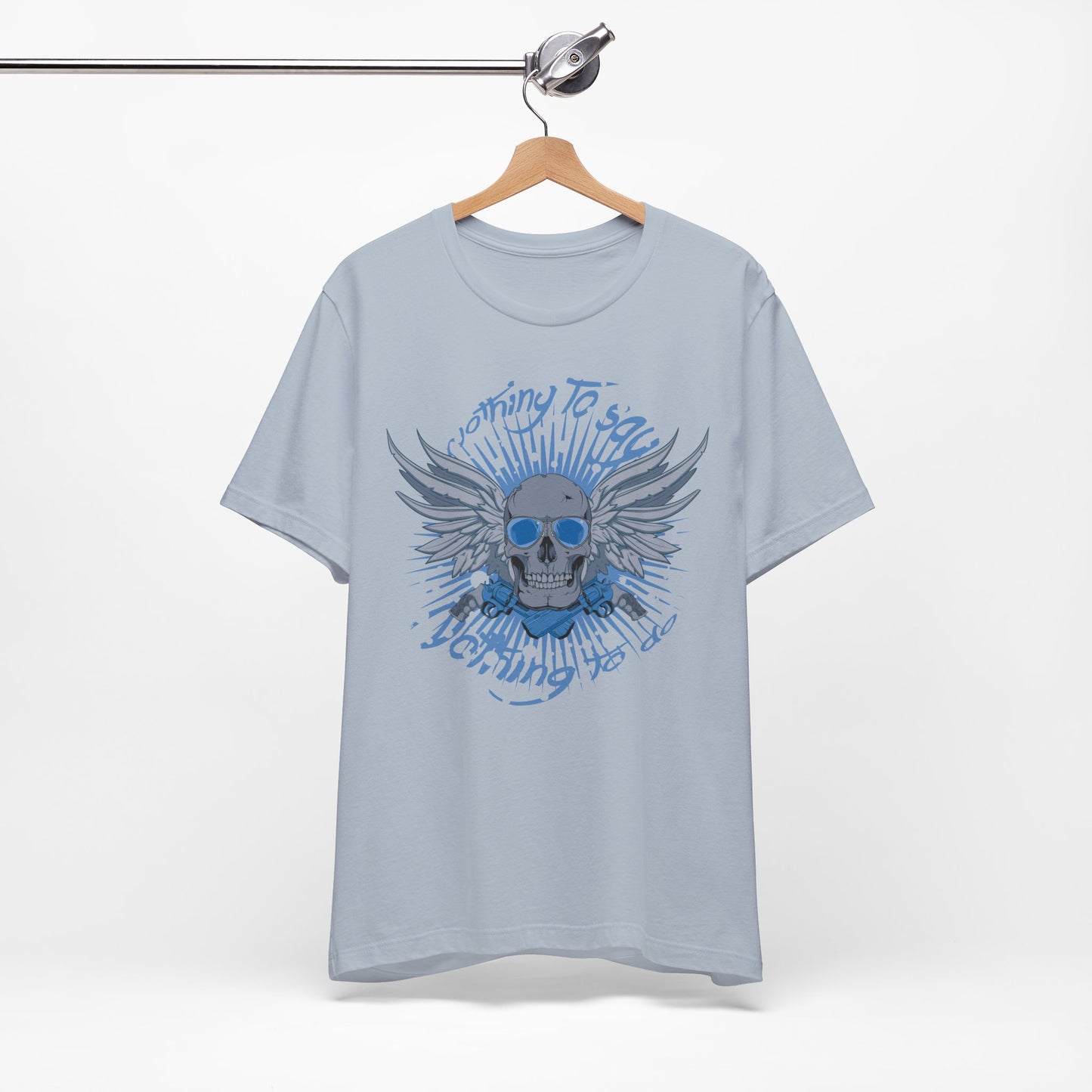 Winged Skull Graphic Tee | Blue Skull with Wings, Radiant Burst