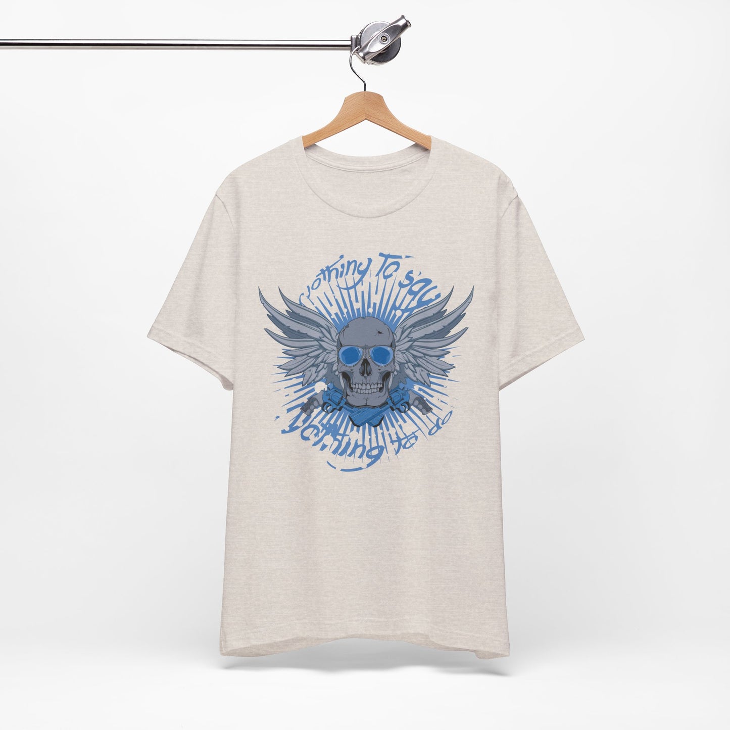 Winged Skull Graphic Tee | Blue Skull with Wings, Radiant Burst
