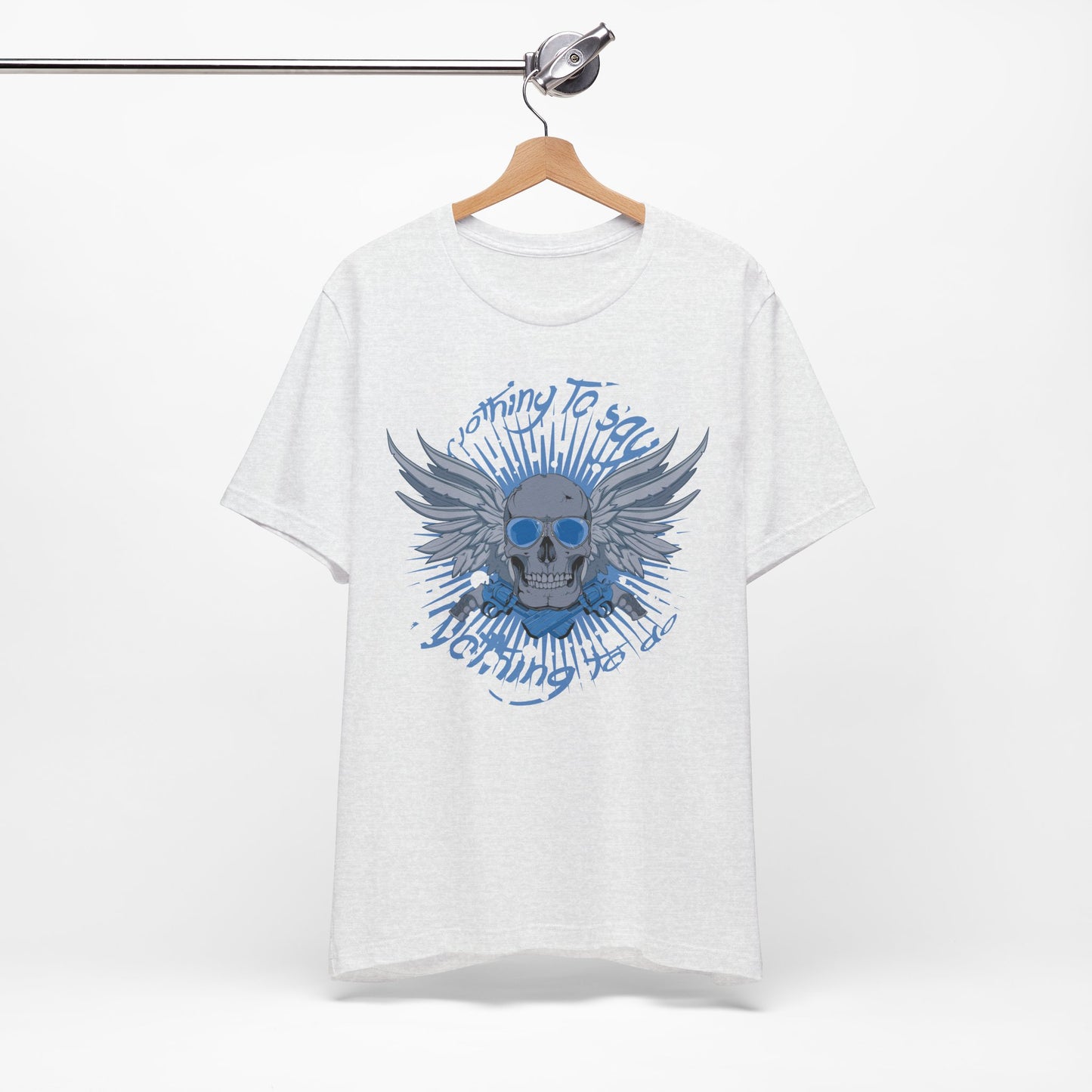 Winged Skull Graphic Tee | Blue Skull with Wings, Radiant Burst
