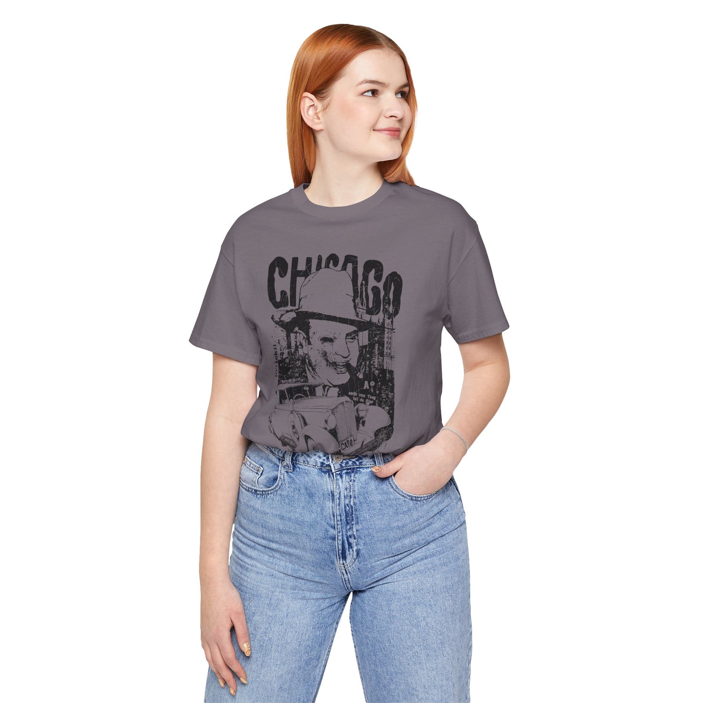 Chicago Retro Mobster Illustration Tee Vintage Car Cityscape Art Design T-Shirt A-8