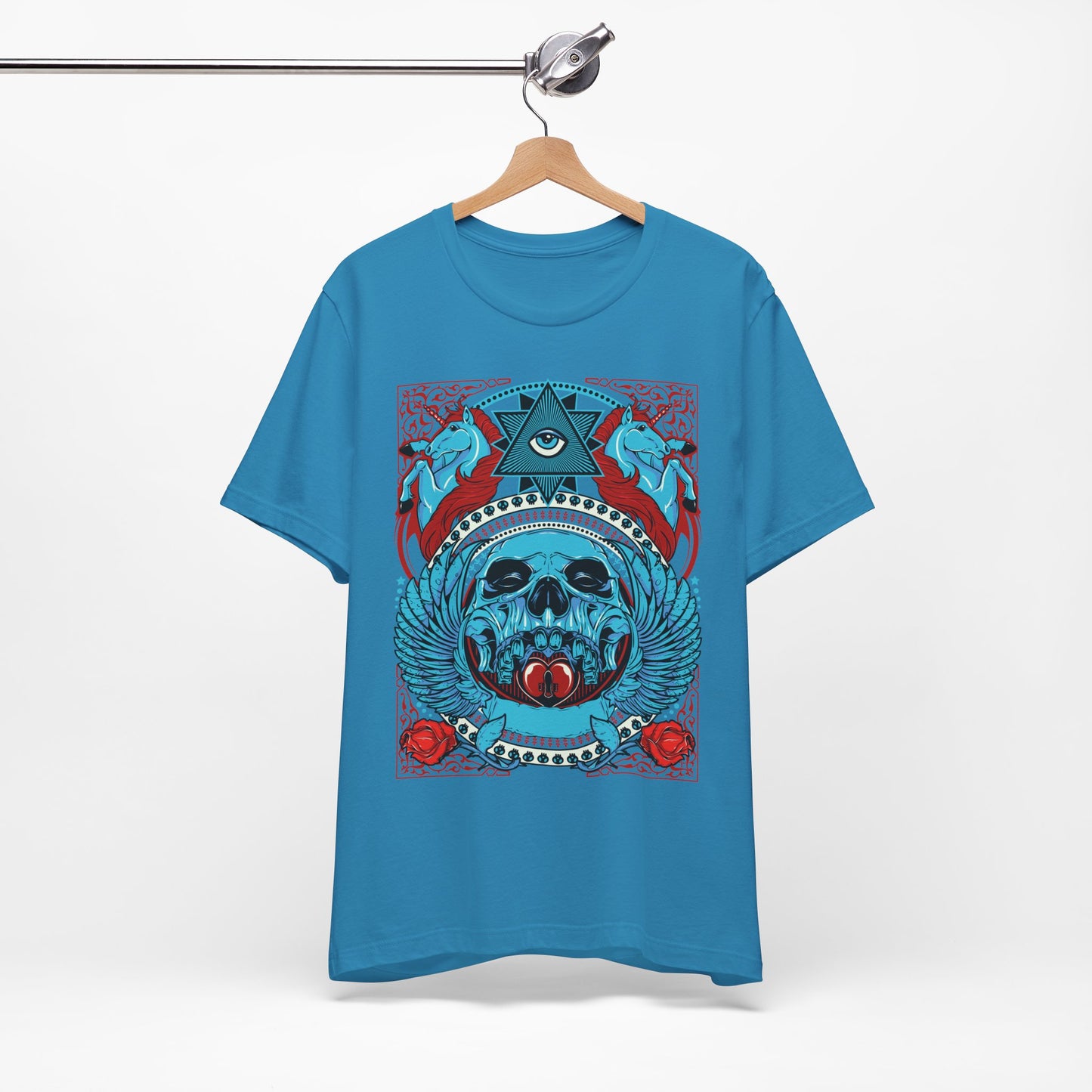All-Seeing Skull Illustration Tee Winged Skull Third Eye Roses T-Shirt