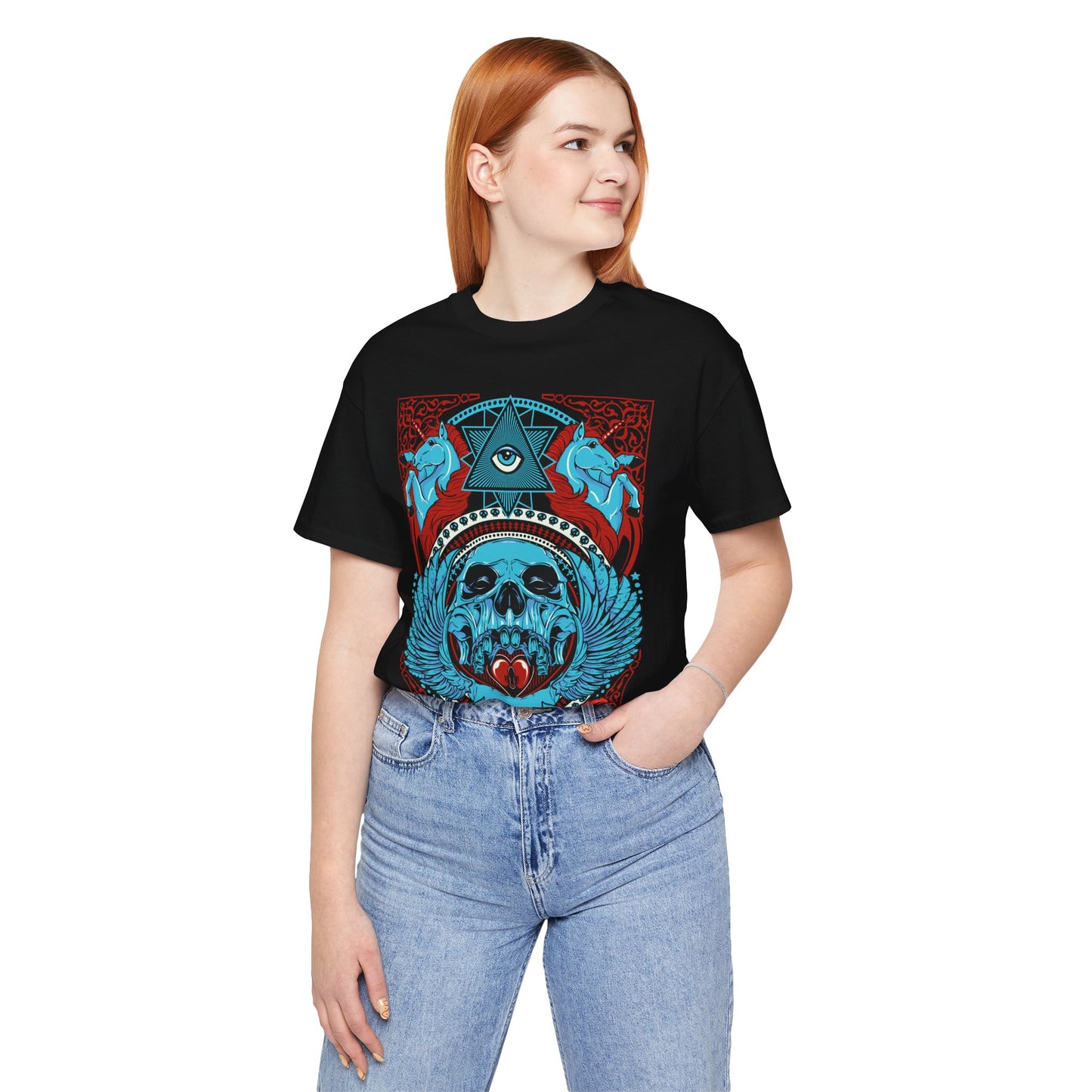 All-Seeing Skull Illustration Tee Winged Skull Third Eye Roses T-Shirt