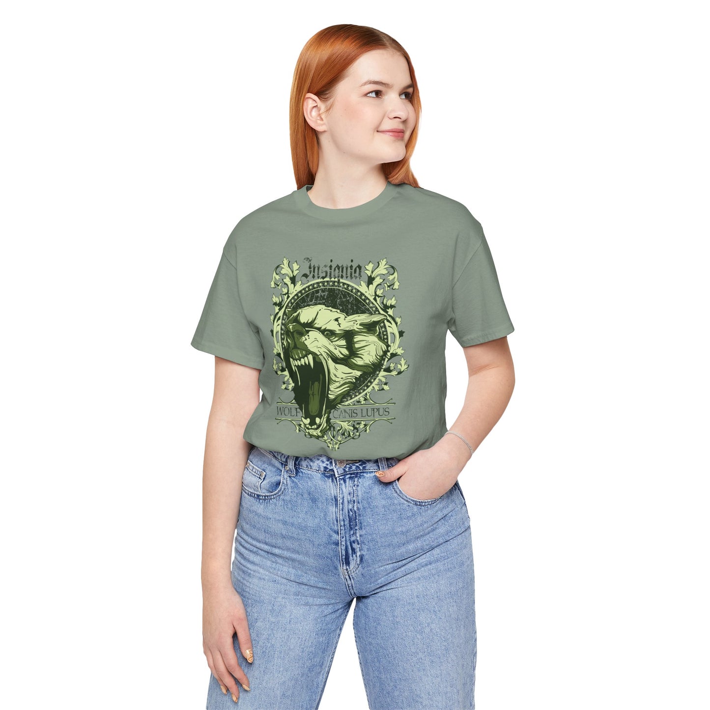 Howling Wolf Skull Tee Gothic Vintage Crest, Green Graphic Shirt Art-54