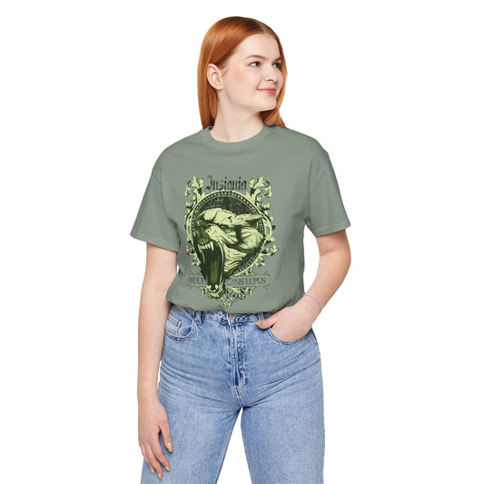 Howling Wolf Skull Tee Gothic Vintage Crest, Green Graphic Shirt Art-54