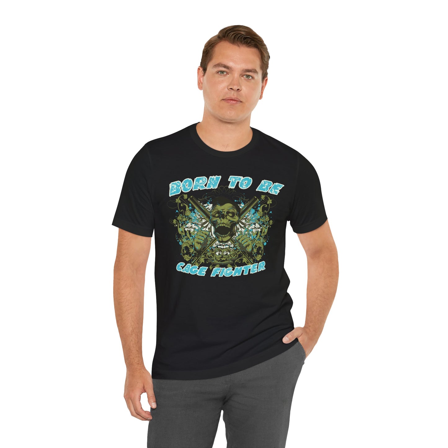 Born To Be Cage Fighter Tee Skull Crossed Knives Graphic T-Shirt