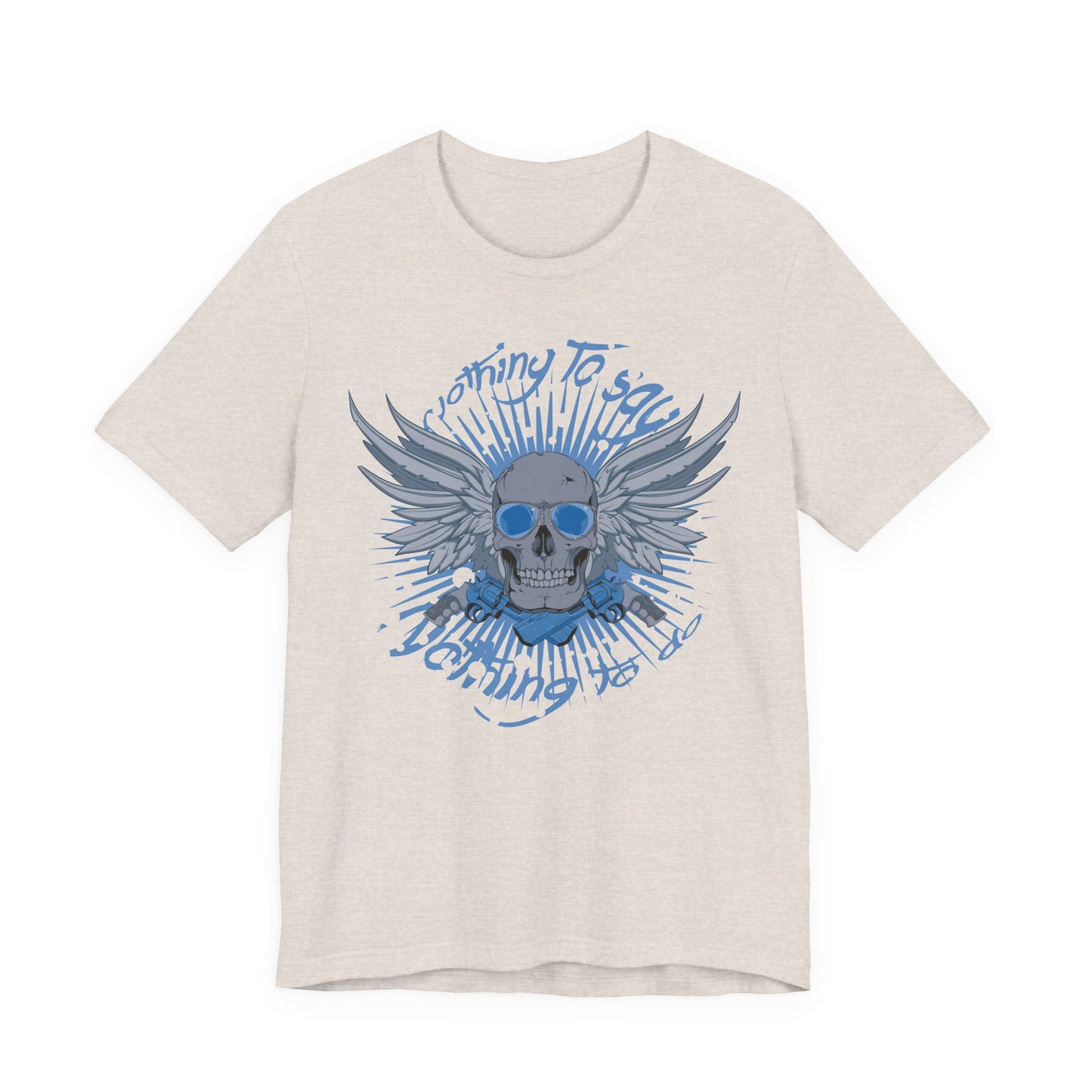 Winged Skull Graphic Tee | Blue Skull with Wings, Radiant Burst